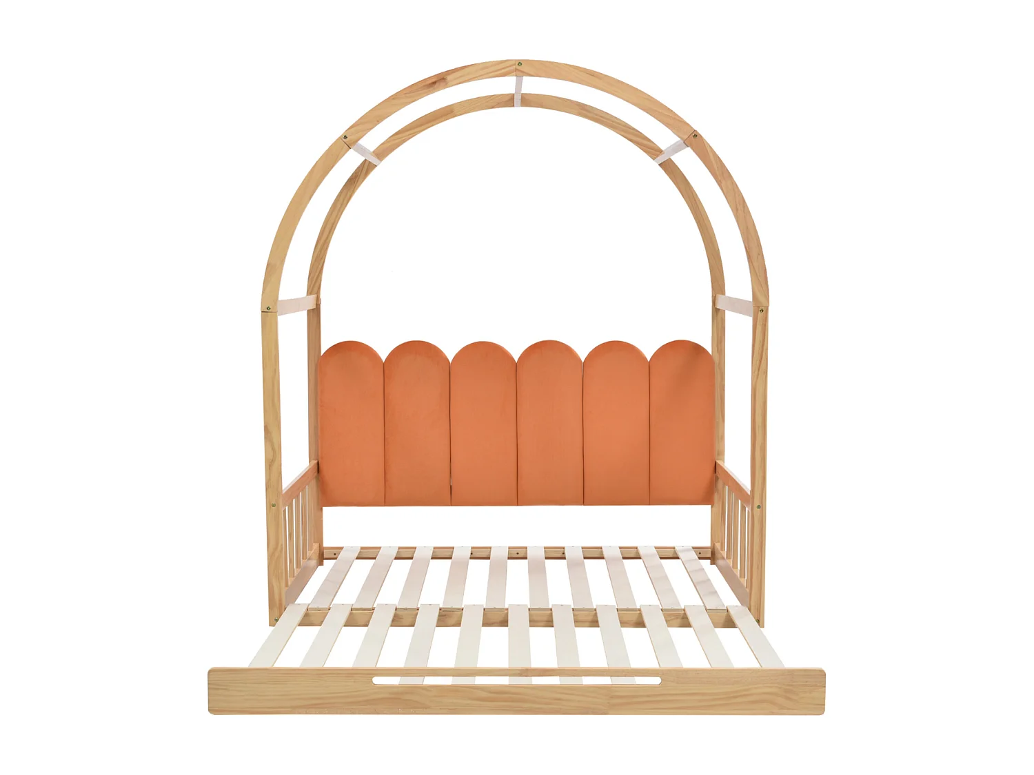 Uitschuifbare hoogslaper, kinderbed, slaapbank, tweepersoonsbed, fluwelen kussens, grenen, naturel + oranje, 140x100/200cm