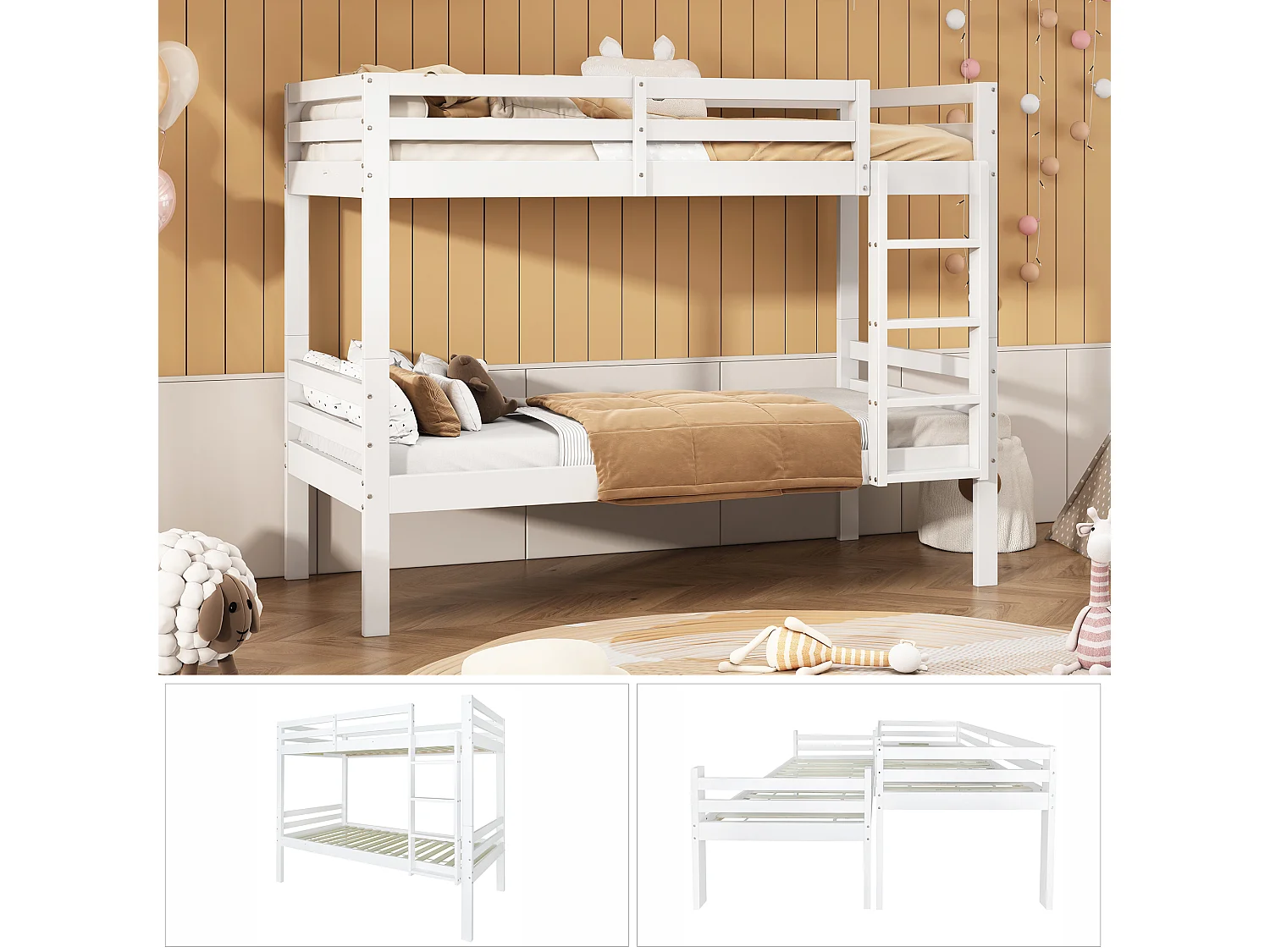 Kinder-Etagenbett, 3-stufige Schrägleiter, Schutz, 2 Einzelbetten, Kiefer, weiß, 90x200cm