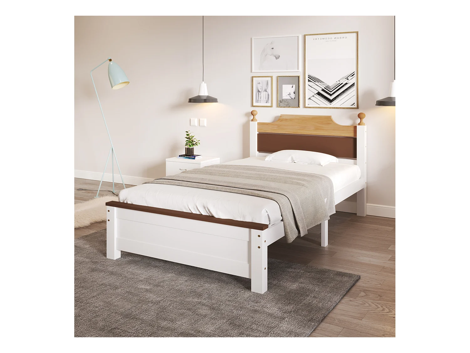 Lit simple en bois, pin, pied central, tête de lit en MDF, color-block, blanc, 90x200cm