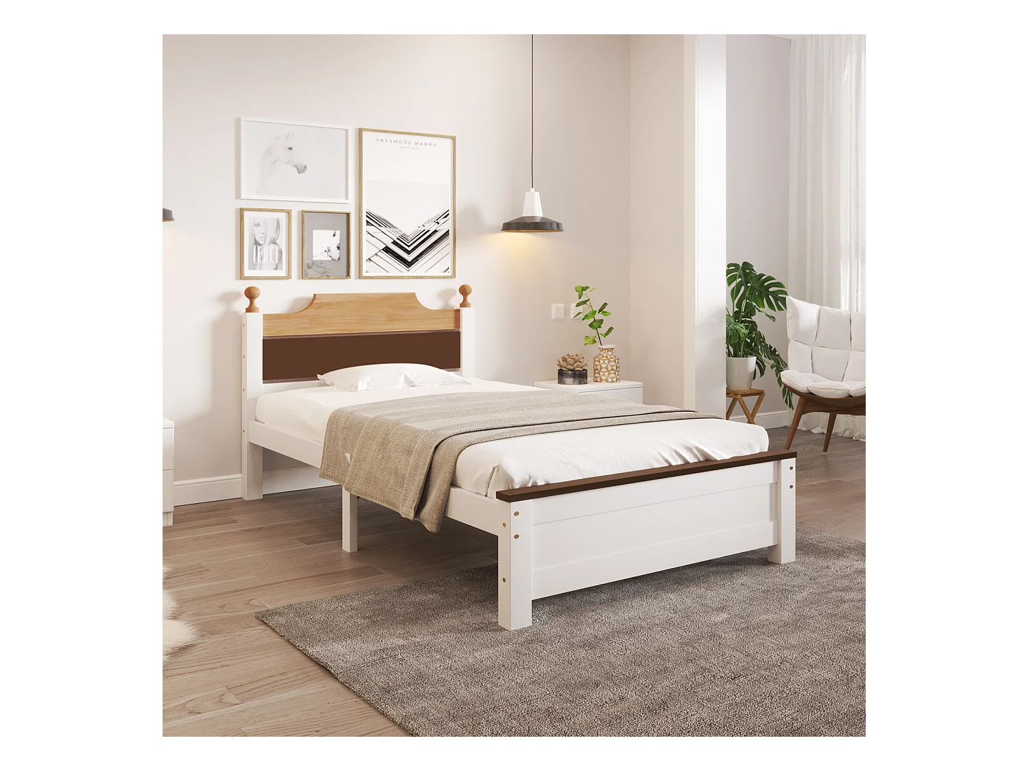 Lit simple en bois, pin, pied central, tête de lit en MDF, color-block, blanc, 90x200cm