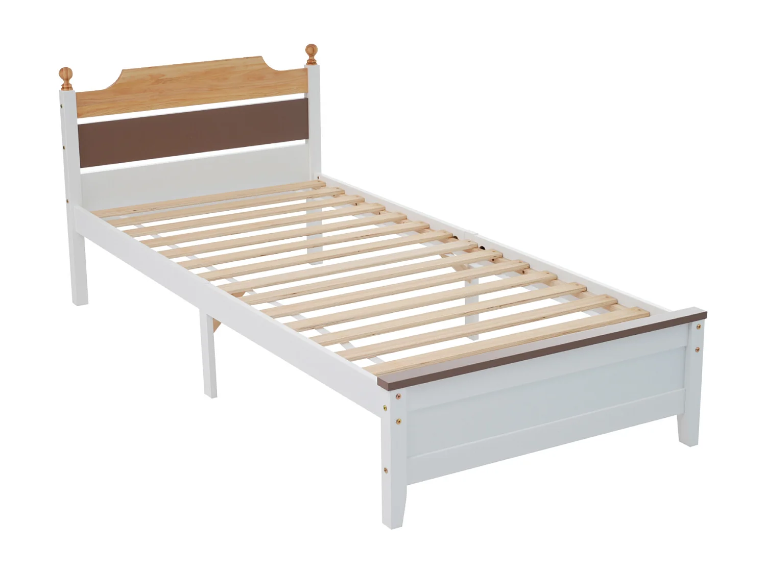 Lit simple en bois, pin, pied central, tête de lit en MDF, color-block, blanc, 90x200cm