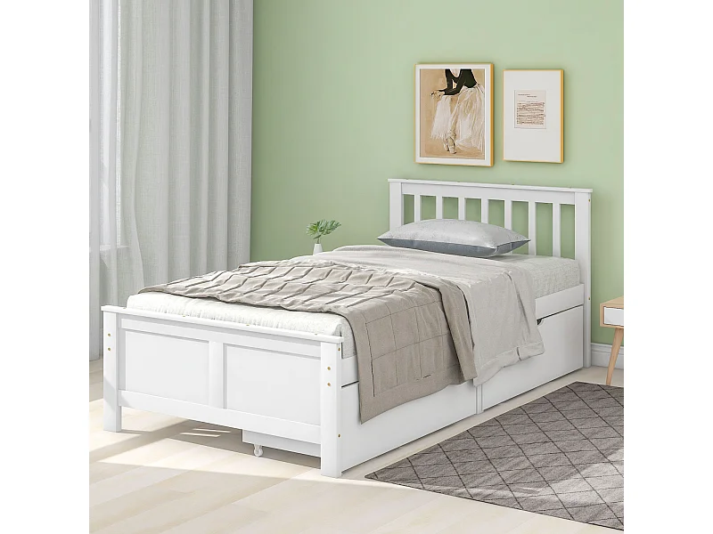 Letto in legno, letto singolo, letto per ragazzi, letto per adulti, con cassetti portaoggetti, struttura in legno di pino, bianco (90x200cm)