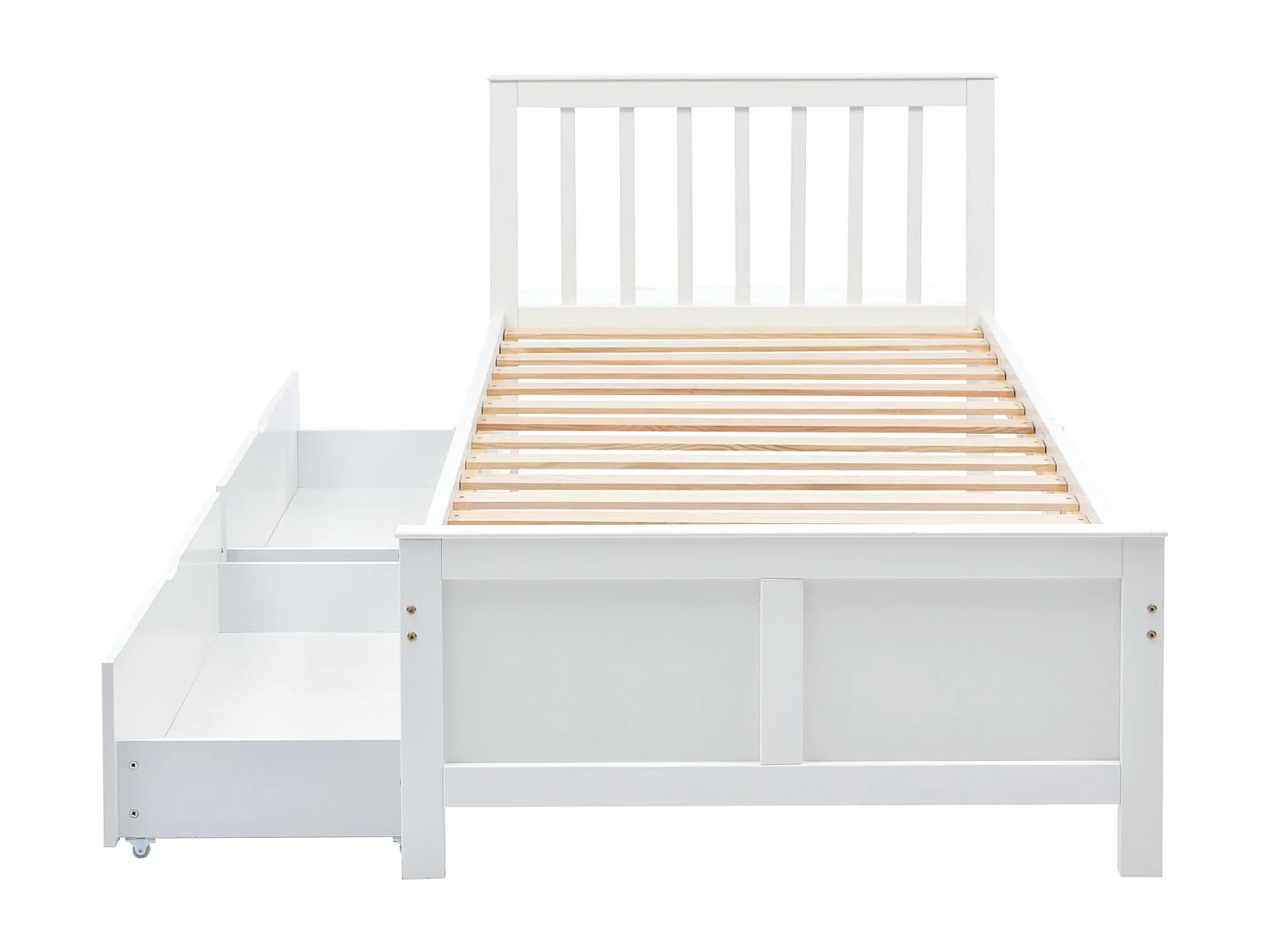 Letto in legno, letto singolo, letto per ragazzi, letto per adulti, con cassetti portaoggetti, struttura in legno di pino, bianco (90x200cm)