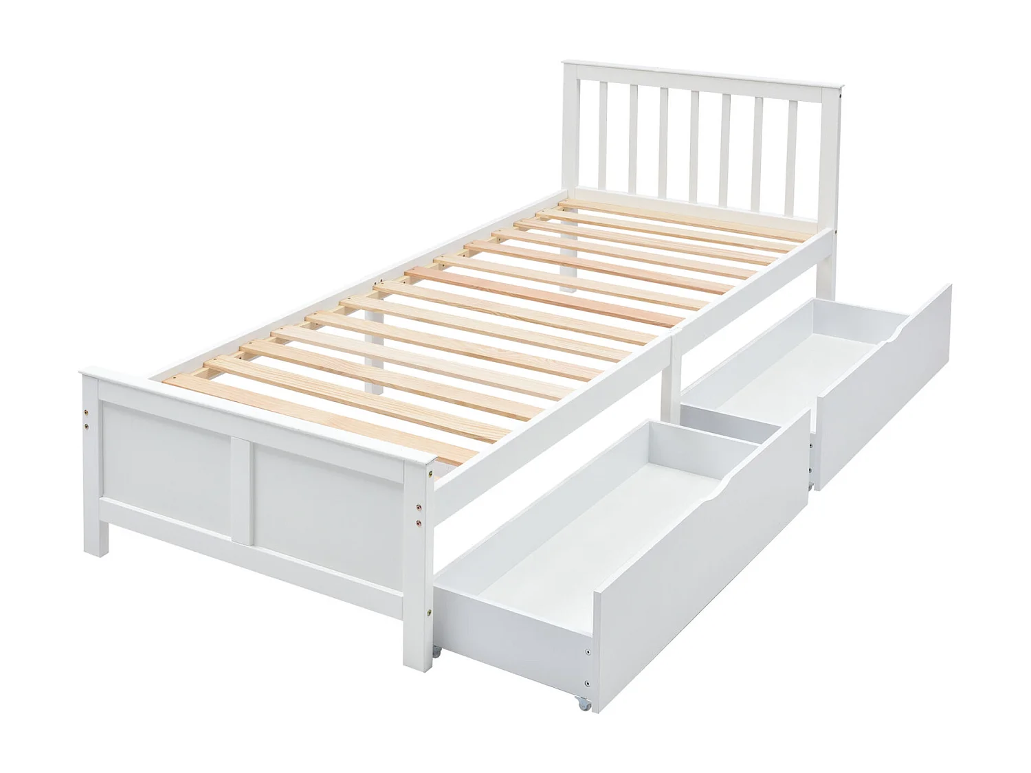 Letto in legno, letto singolo, letto per ragazzi, letto per adulti, con cassetti portaoggetti, struttura in legno di pino, bianco (90x200cm)