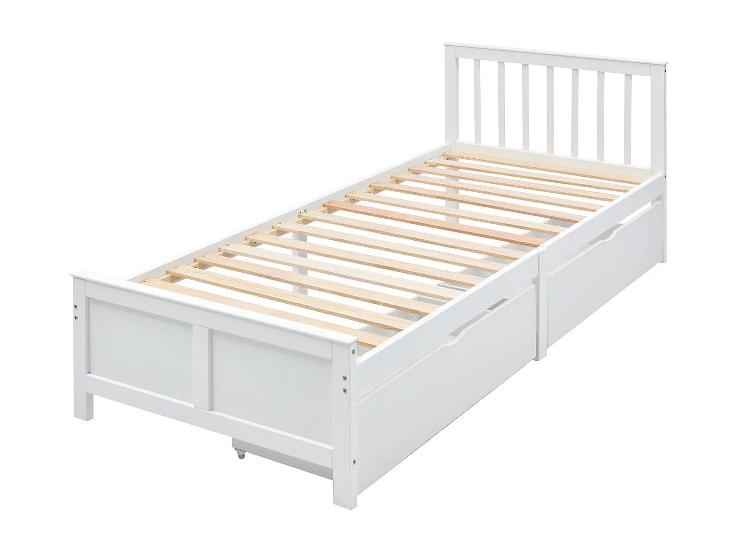 Letto in legno, letto singolo, letto per ragazzi, letto per adulti, con cassetti portaoggetti, struttura in legno di pino, bianco (90x200cm)