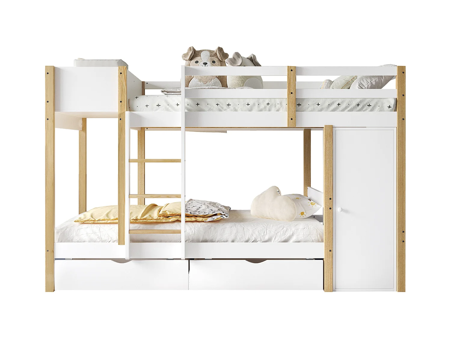 Lit superposé, lit enfant, avec échelle à trois marches, 2 casiers, deux tiroirs sur roulettes, pin + MDF, blanc + naturel, 90x200cm