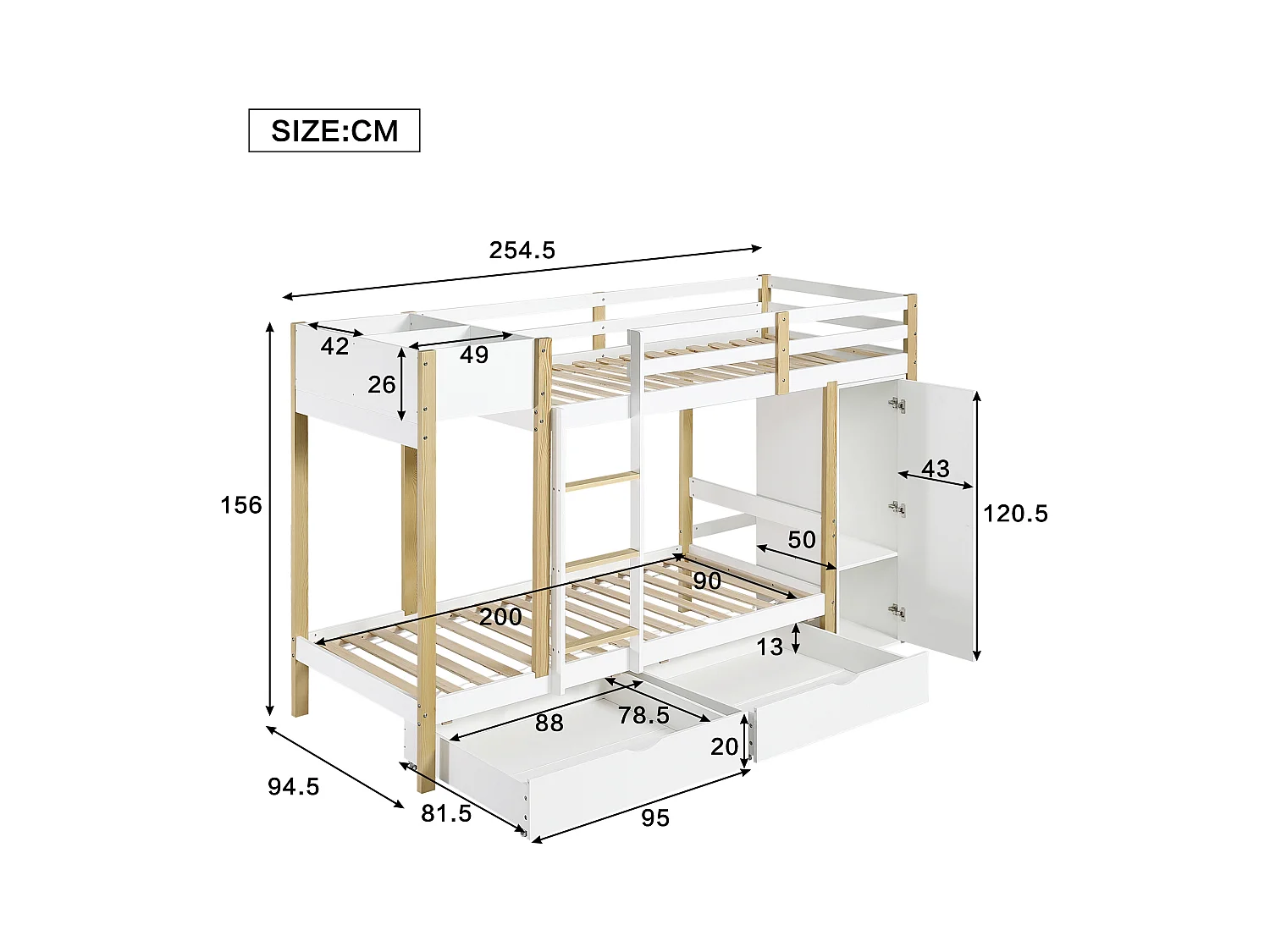 Lit superposé, lit enfant, avec échelle à trois marches, 2 casiers, deux tiroirs sur roulettes, pin + MDF, blanc + naturel, 90x200cm