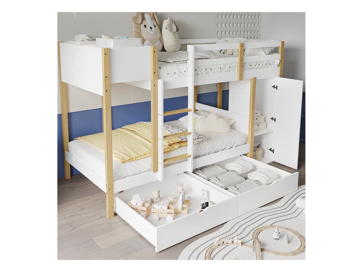 Lit superposé, lit enfant, avec échelle à trois marches, 2 casiers, deux tiroirs sur roulettes, pin + MDF, blanc + naturel, 90x200cm