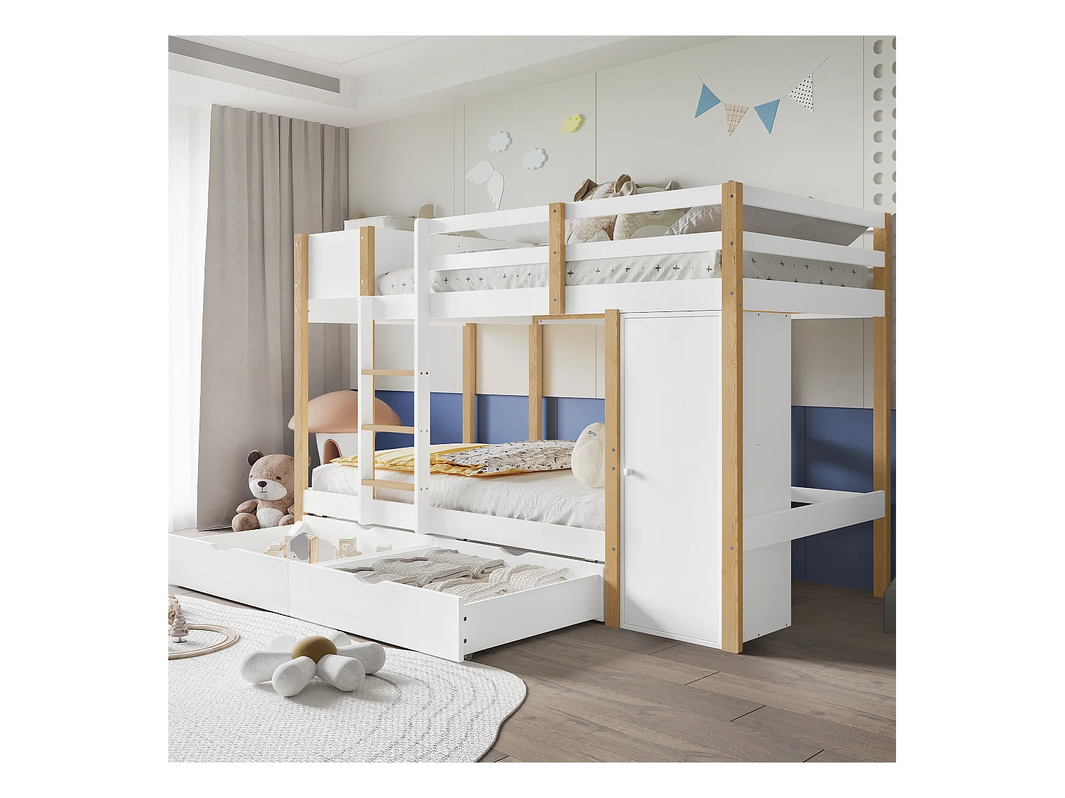 Lit superposé, lit enfant, avec échelle à trois marches, 2 casiers, deux tiroirs sur roulettes, pin + MDF, blanc + naturel, 90x200cm
