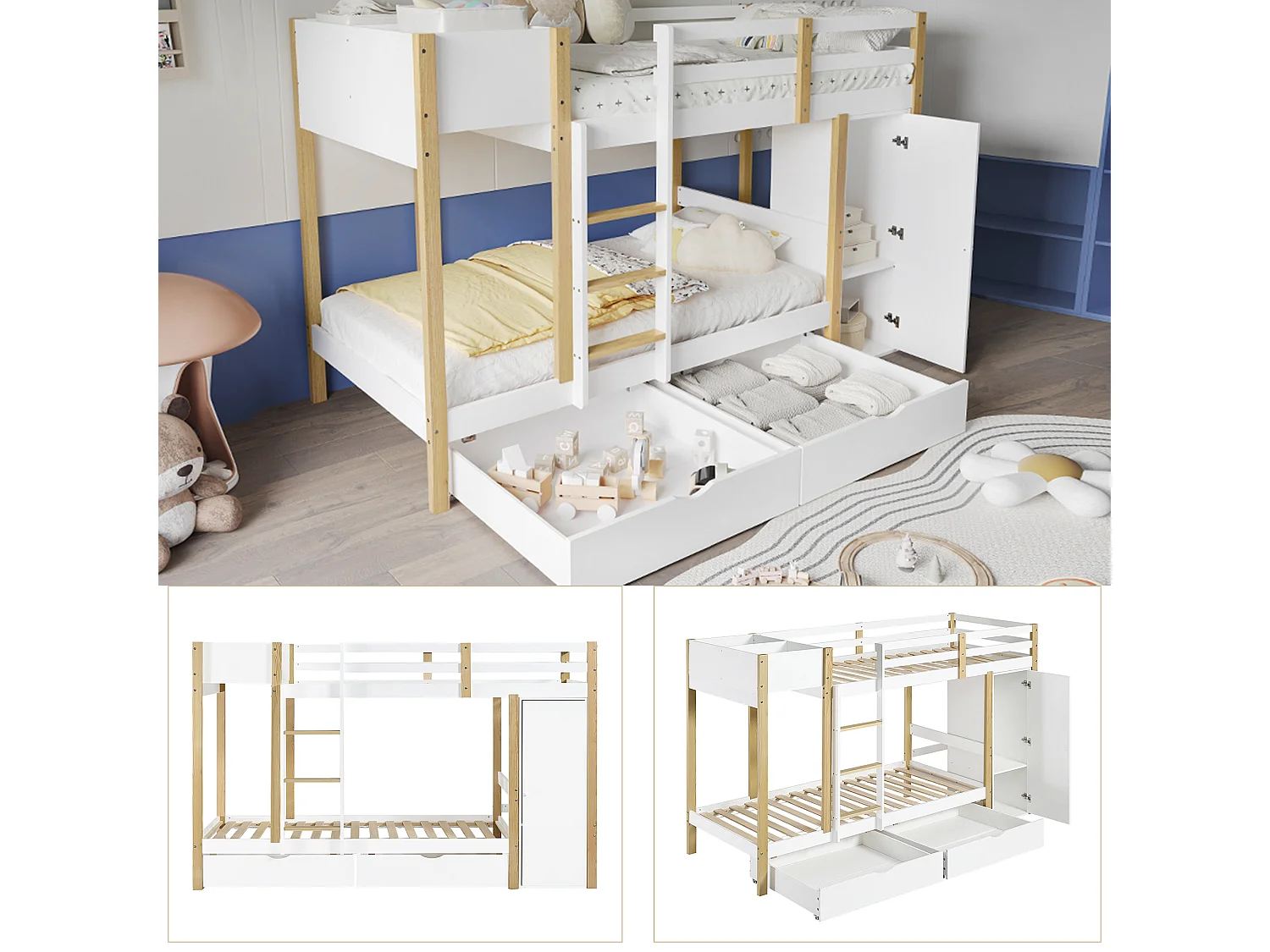 Lit superposé, lit enfant, avec échelle à trois marches, 2 casiers, deux tiroirs sur roulettes, pin + MDF, blanc + naturel, 90x200cm