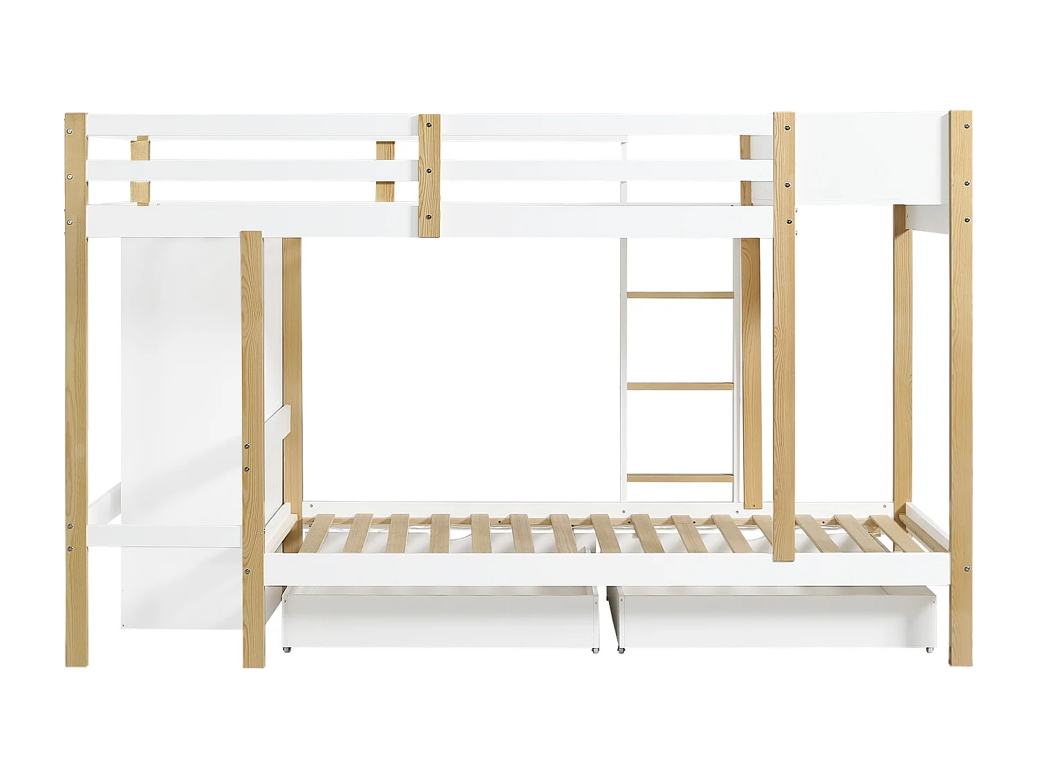 Lit superposé, lit enfant, avec échelle à trois marches, 2 casiers, deux tiroirs sur roulettes, pin + MDF, blanc + naturel, 90x200cm