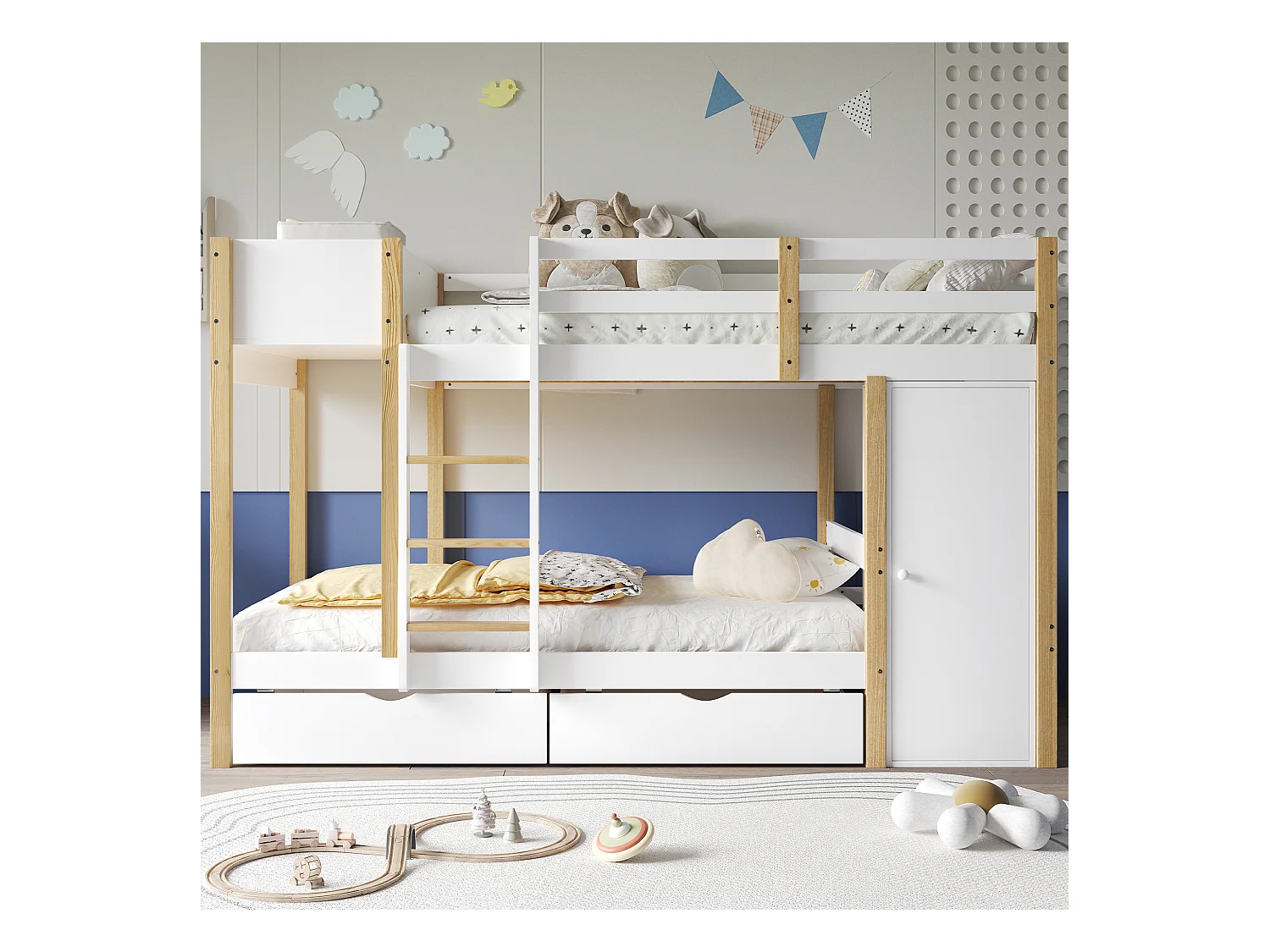 Stapelbed, kinderbed, met drietrapsladder, 2 kasten, twee lades op wielen, grenen + MDF, wit + naturel, 90x200cm