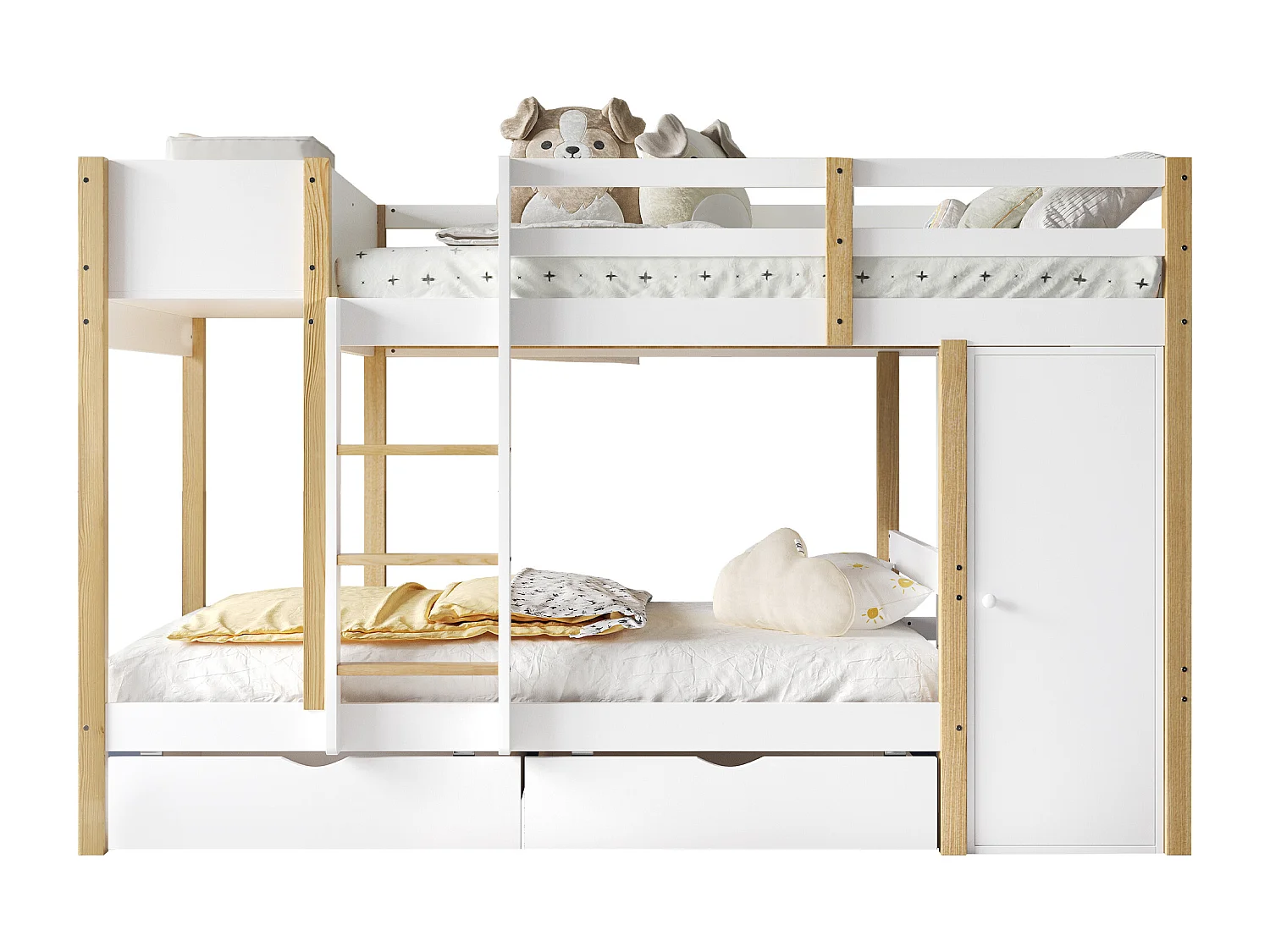 Lit superposé, lit enfant, avec échelle à trois marches, 2 casiers, deux tiroirs sur roulettes, pin + MDF, blanc + naturel, 90x200cm