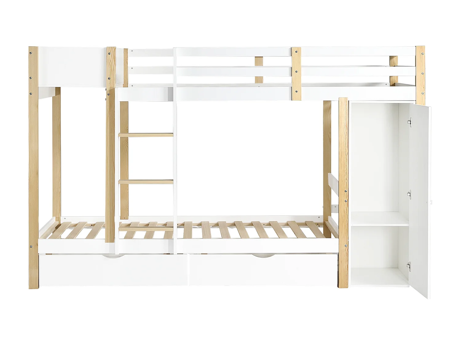 Lit superposé, lit enfant, avec échelle à trois marches, 2 casiers, deux tiroirs sur roulettes, pin + MDF, blanc + naturel, 90x200cm