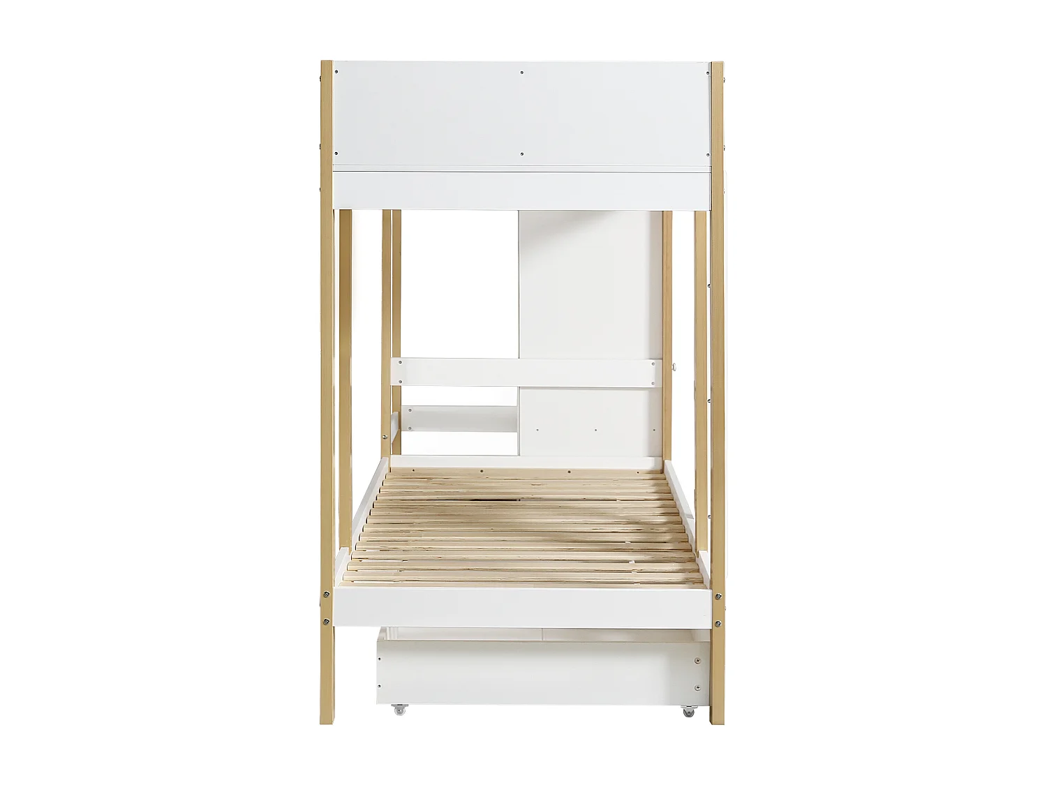 Lit superposé, lit enfant, avec échelle à trois marches, 2 casiers, deux tiroirs sur roulettes, pin + MDF, blanc + naturel, 90x200cm