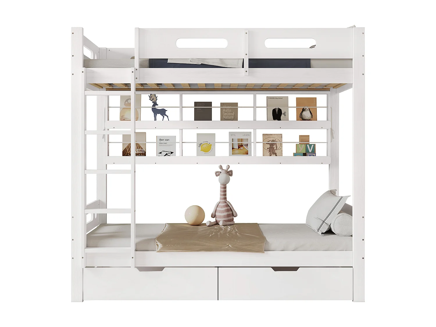 Letto a castello, letto per bambini, cancelletto di sicurezza, 2 cassetti su ruote, ripiano, scala a 5 gradini, contenitore, pino + MDF, bianco, 90x200cm