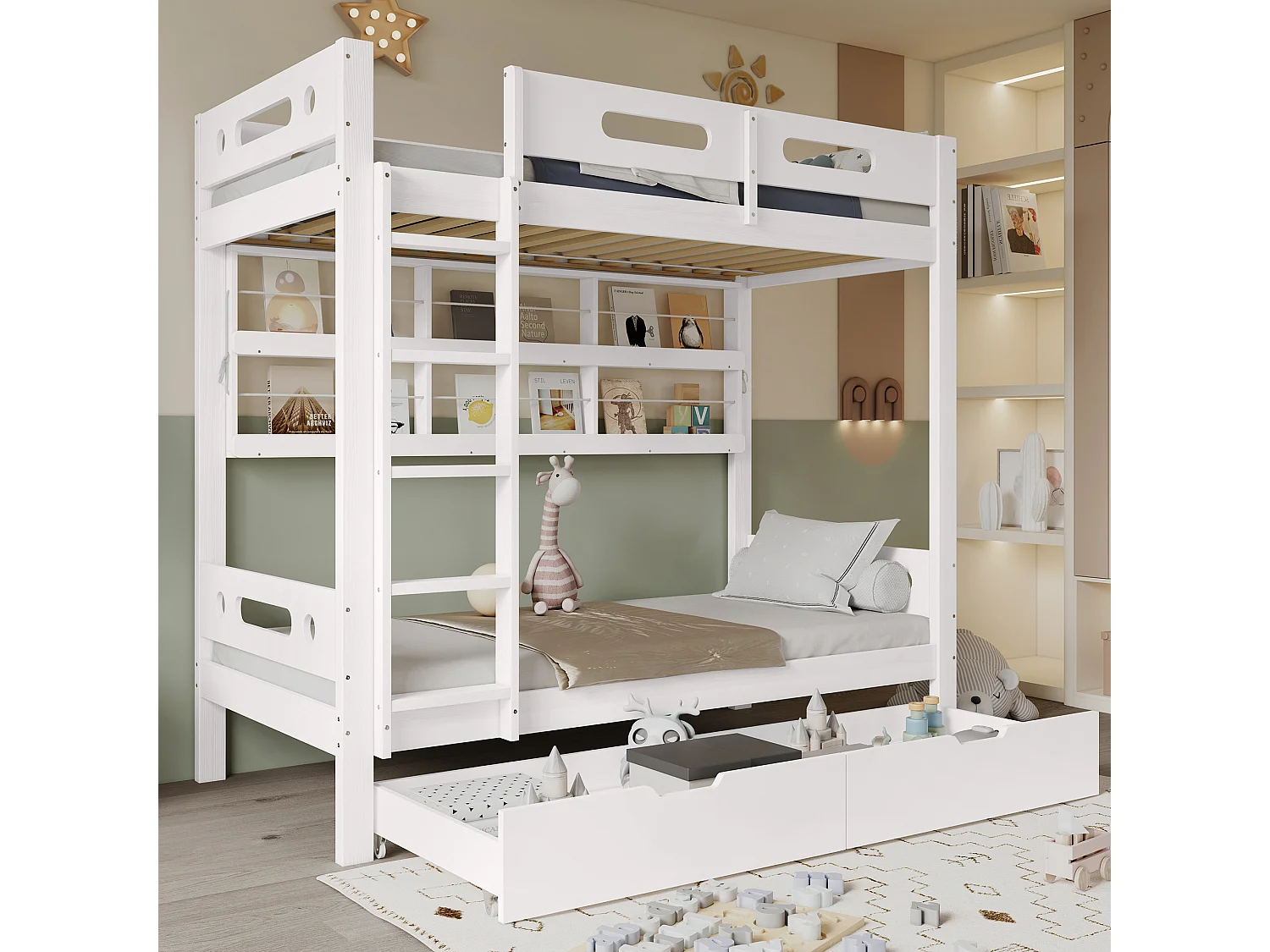 Letto a castello, letto per bambini, cancelletto di sicurezza, 2 cassetti su ruote, ripiano, scala a 5 gradini, contenitore, pino + MDF, bianco, 90x200cm