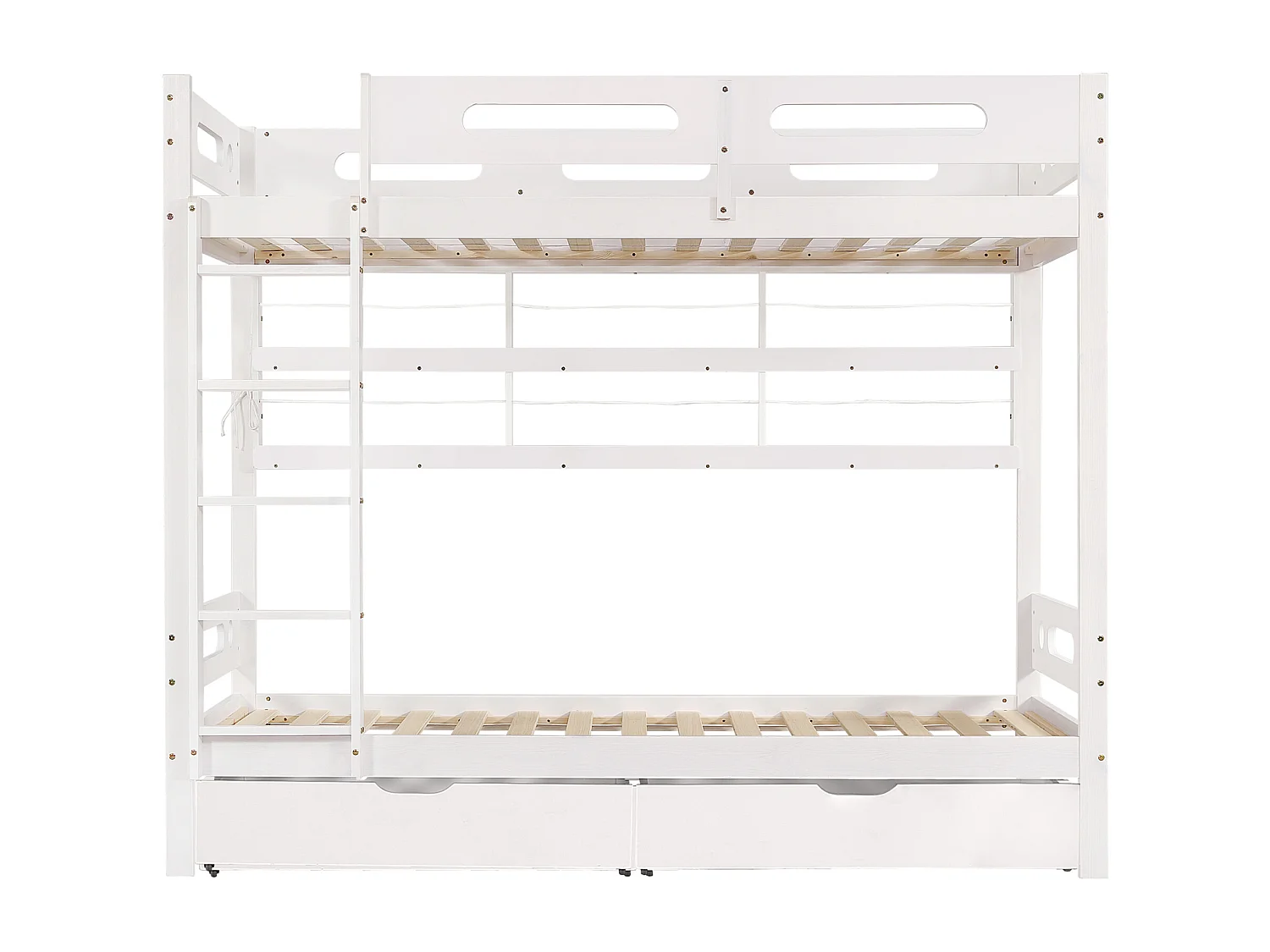 Letto a castello, letto per bambini, cancelletto di sicurezza, 2 cassetti su ruote, ripiano, scala a 5 gradini, contenitore, pino + MDF, bianco, 90x200cm