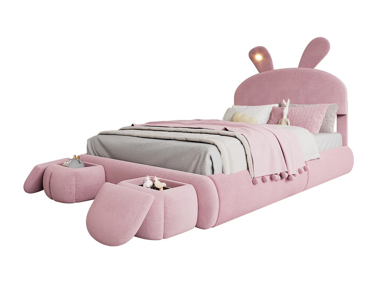 Lit double tapissé, hydraulique, oreilles de lapin (lumière variable, bandes chaudes), rangement, 2 tabourets, velours, rose, 140x200cm
