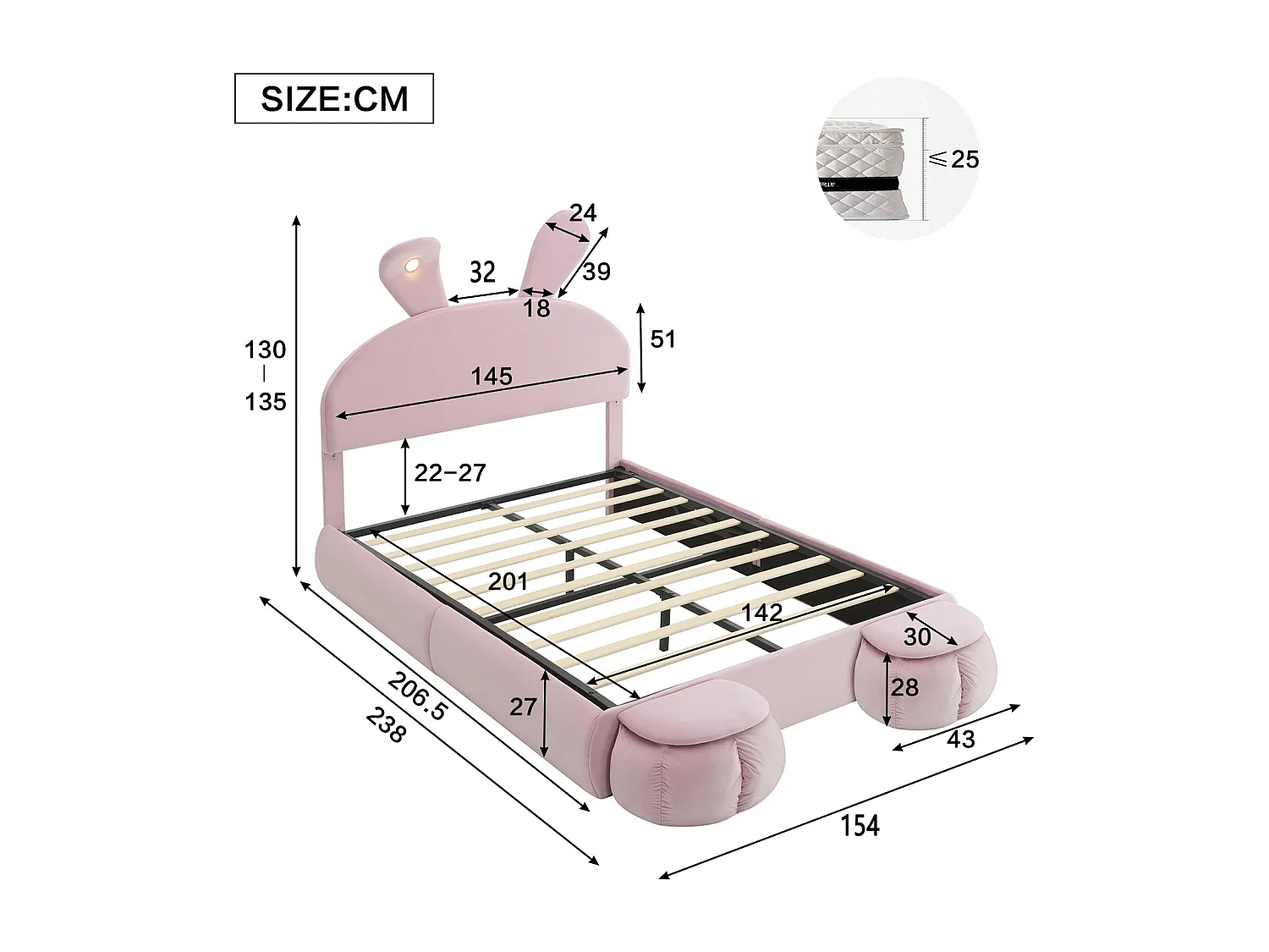 Lit double tapissé, hydraulique, oreilles de lapin (lumière variable, bandes chaudes), rangement, 2 tabourets, velours, rose, 140x200cm