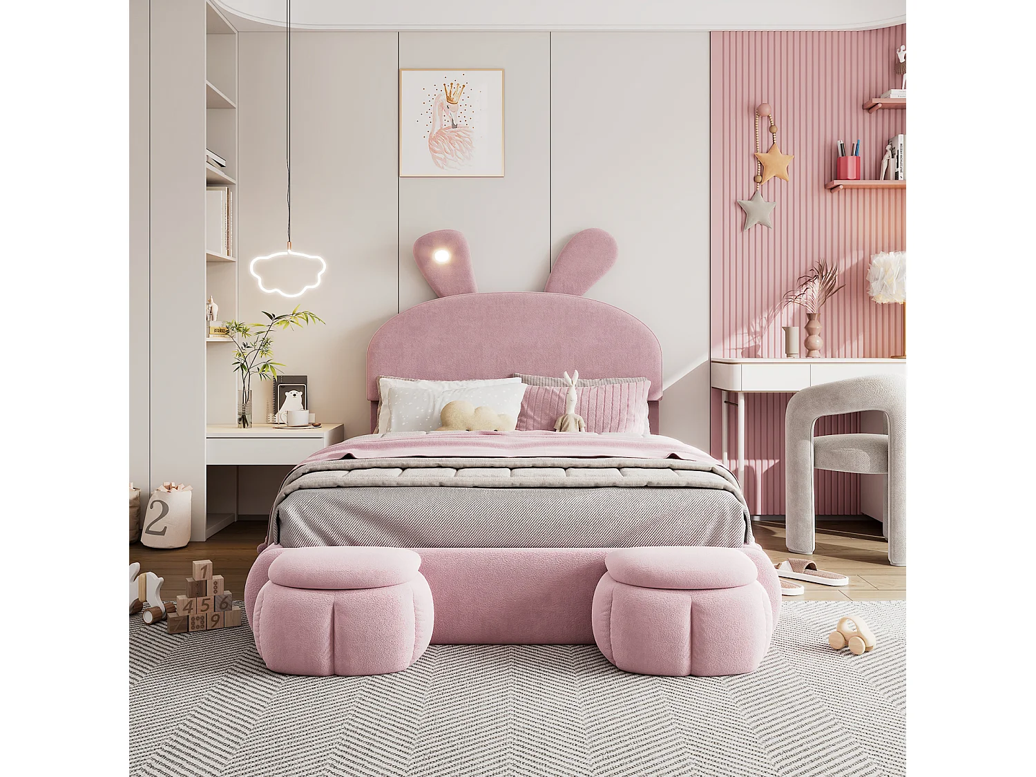 Lit double tapissé, hydraulique, oreilles de lapin (lumière variable, bandes chaudes), rangement, 2 tabourets, velours, rose, 140x200cm