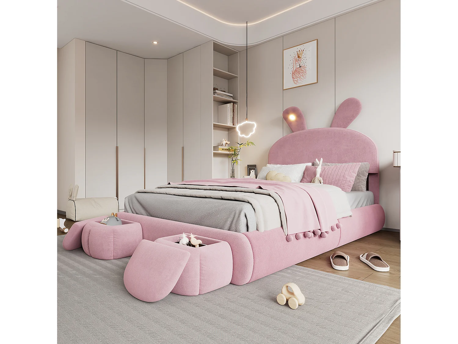 Lit double tapissé, hydraulique, oreilles de lapin (lumière variable, bandes chaudes), rangement, 2 tabourets, velours, rose, 140x200cm