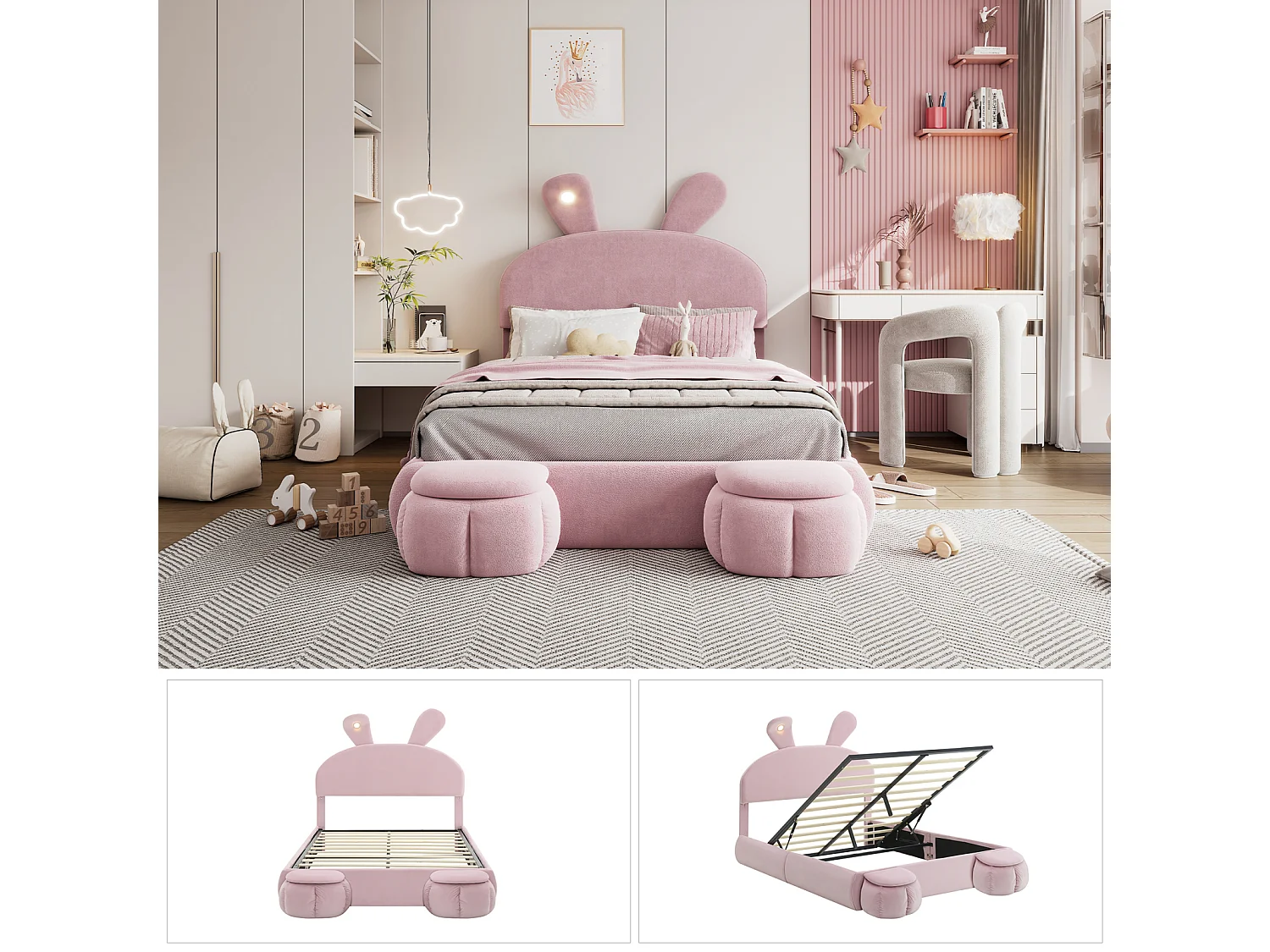 Lit double tapissé, hydraulique, oreilles de lapin (lumière variable, bandes chaudes), rangement, 2 tabourets, velours, rose, 140x200cm