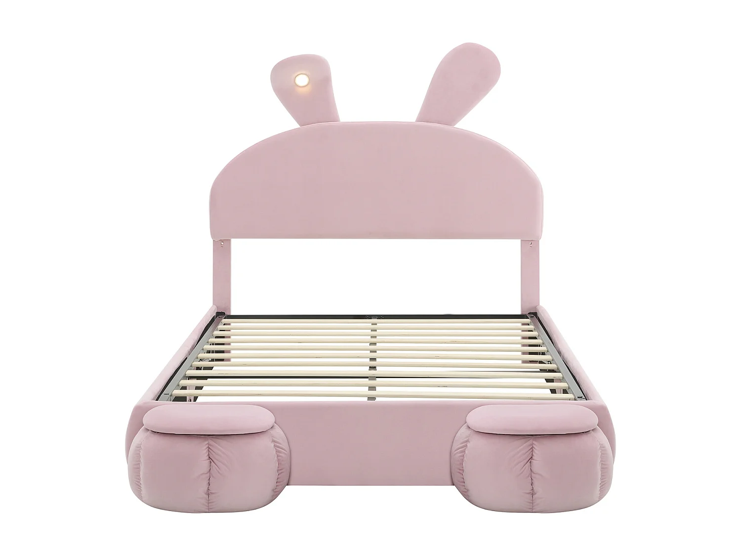 Lit double tapissé, hydraulique, oreilles de lapin (lumière variable, bandes chaudes), rangement, 2 tabourets, velours, rose, 140x200cm