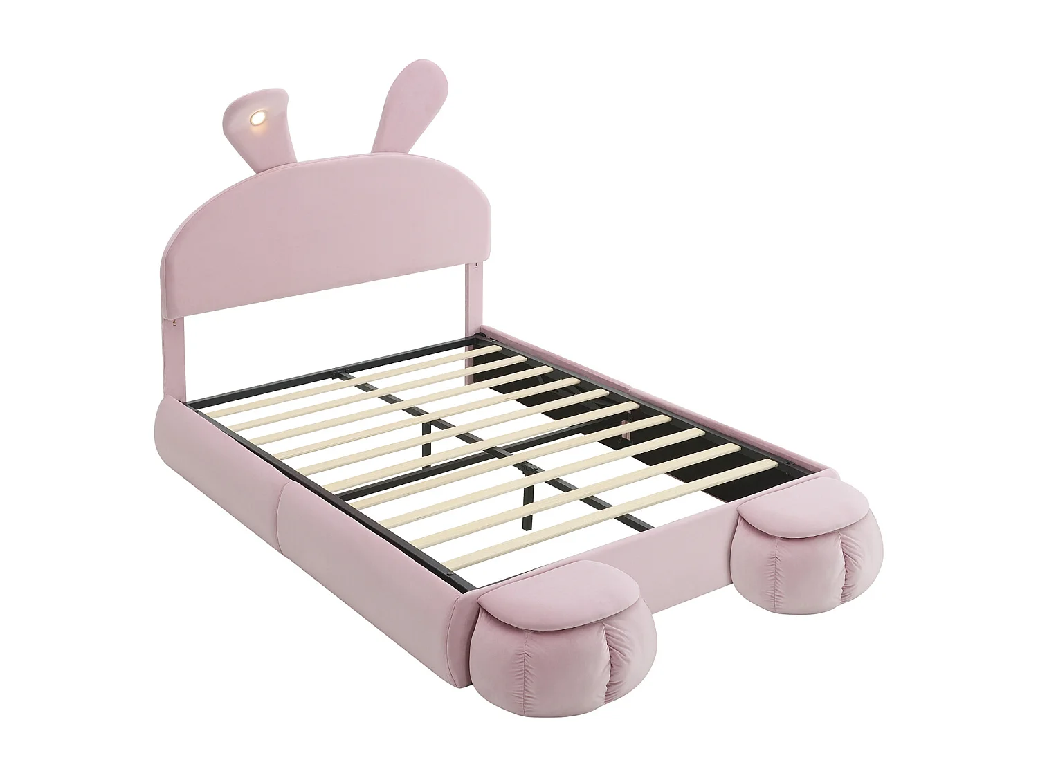 Lit double tapissé, hydraulique, oreilles de lapin (lumière variable, bandes chaudes), rangement, 2 tabourets, velours, rose, 140x200cm