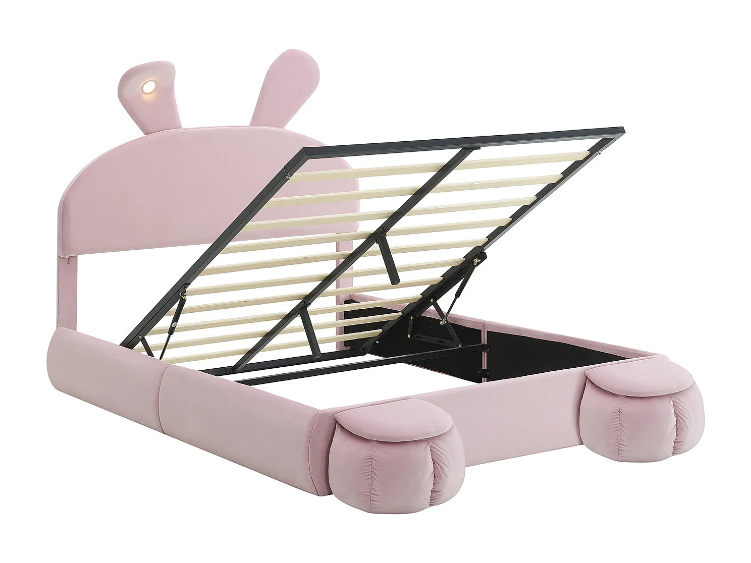 Lit double tapissé, hydraulique, oreilles de lapin (lumière variable, bandes chaudes), rangement, 2 tabourets, velours, rose, 140x200cm
