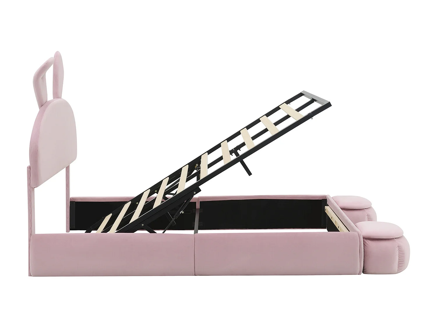 Lit double tapissé, hydraulique, oreilles de lapin (lumière variable, bandes chaudes), rangement, 2 tabourets, velours, rose, 140x200cm