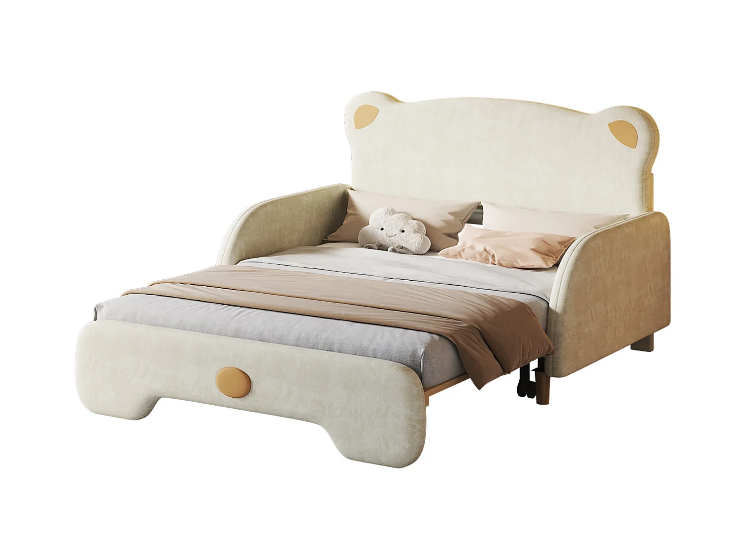 Lit double Bear, rembourré, pour enfant, divan, gigogne, bords doux, velours, beige, 140x110/200cm