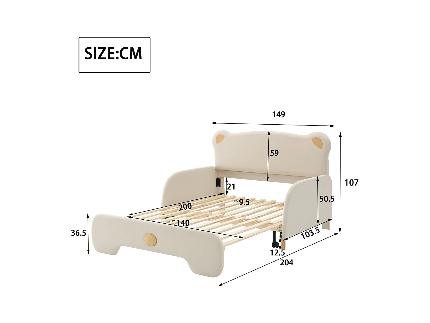 Lit double Bear, rembourré, pour enfant, divan, gigogne, bords doux, velours, beige, 140x110/200cm
