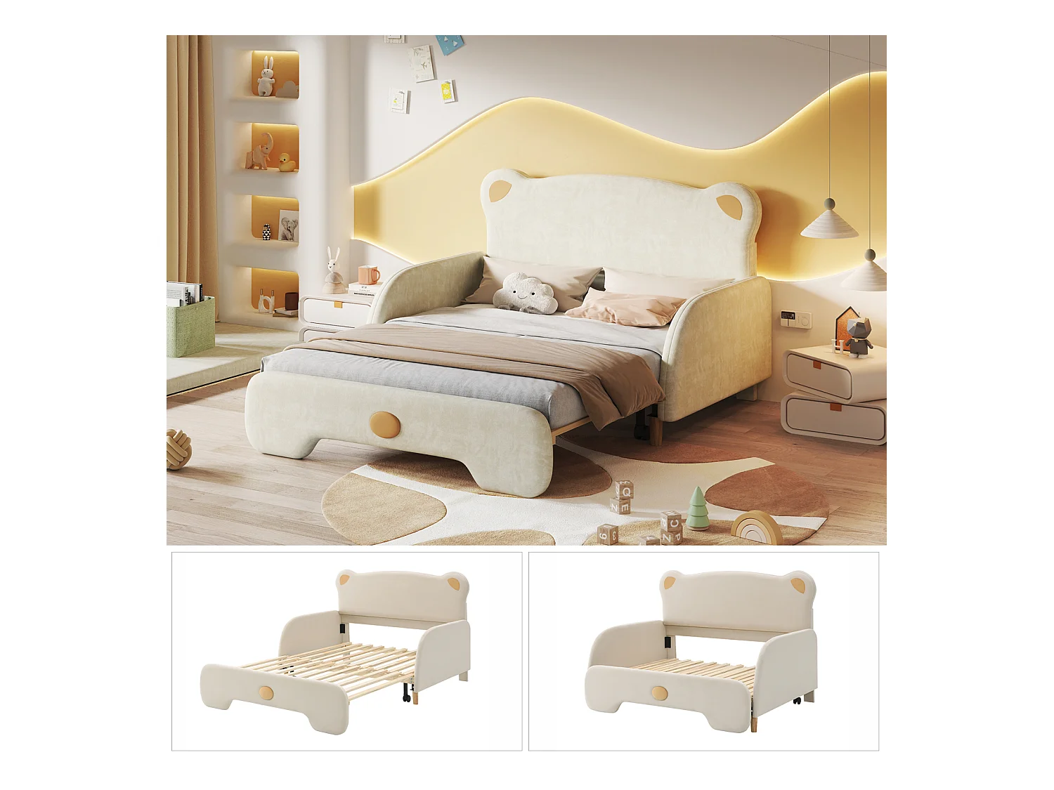 Lit double Bear, rembourré, pour enfant, divan, gigogne, bords doux, velours, beige, 140x110/200cm