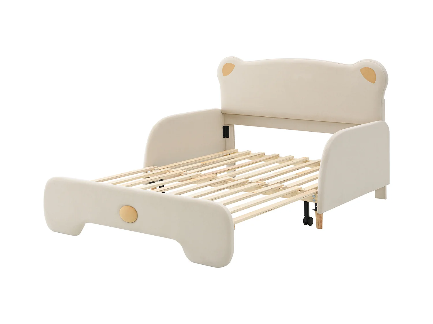 Lit double Bear, rembourré, pour enfant, divan, gigogne, bords doux, velours, beige, 140x110/200cm