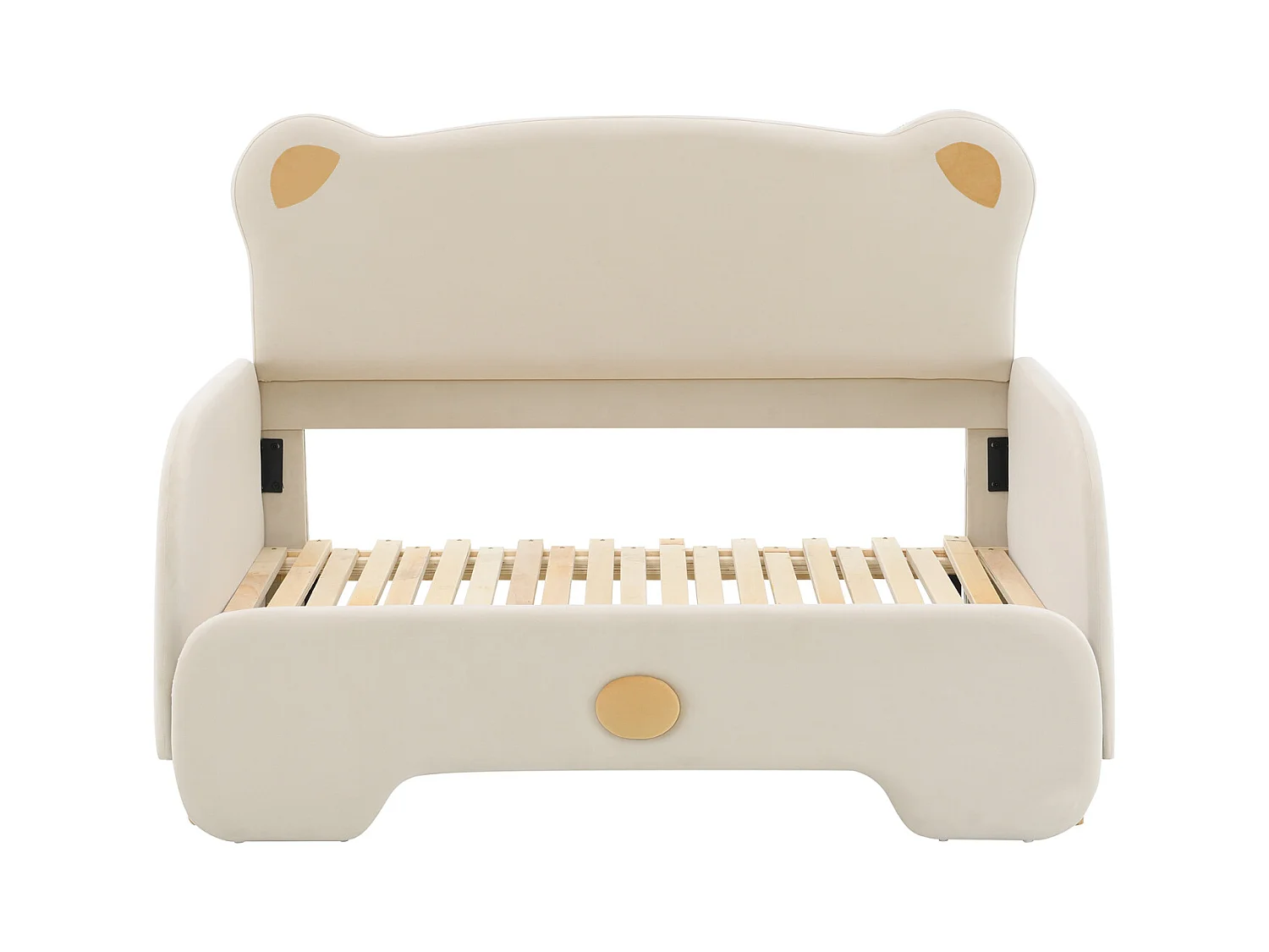 Lit double Bear, rembourré, pour enfant, divan, gigogne, bords doux, velours, beige, 140x110/200cm