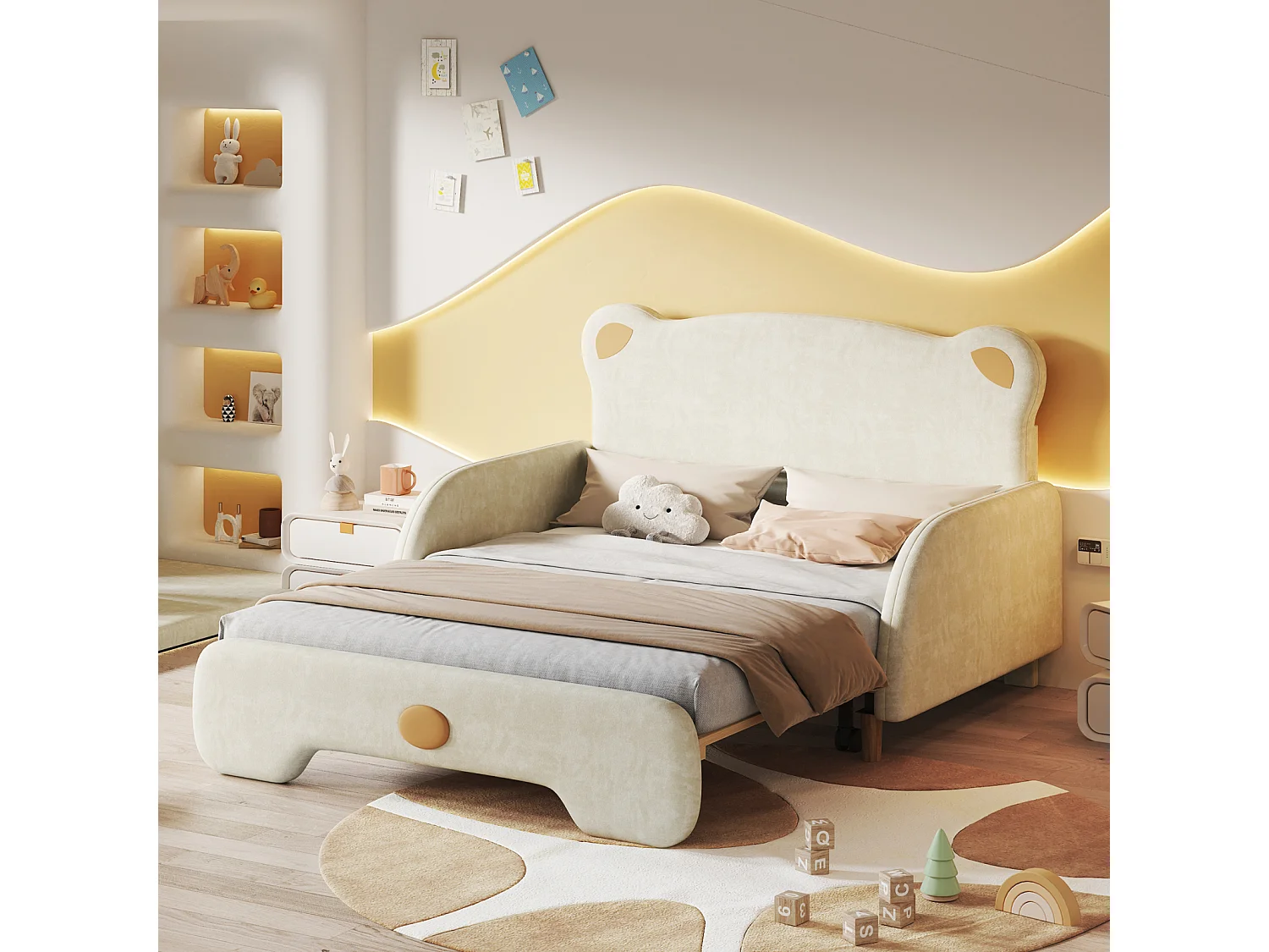 Lit double Bear, rembourré, pour enfant, divan, gigogne, bords doux, velours, beige, 140x110/200cm