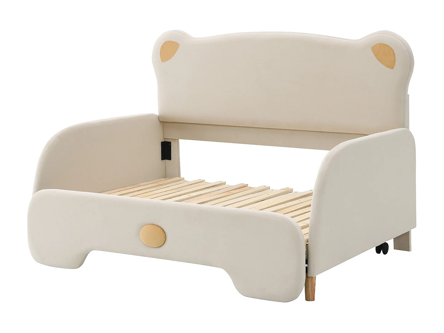 Lit double Bear, rembourré, pour enfant, divan, gigogne, bords doux, velours, beige, 140x110/200cm