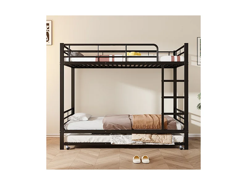 Etagenbett aus Eisen, geeignet für Kinder und Jugendliche, mit Ausziehbett, vier Seitengitter am oberen Bett, Eisen, schwarz, 90x200cm und 90x190cm