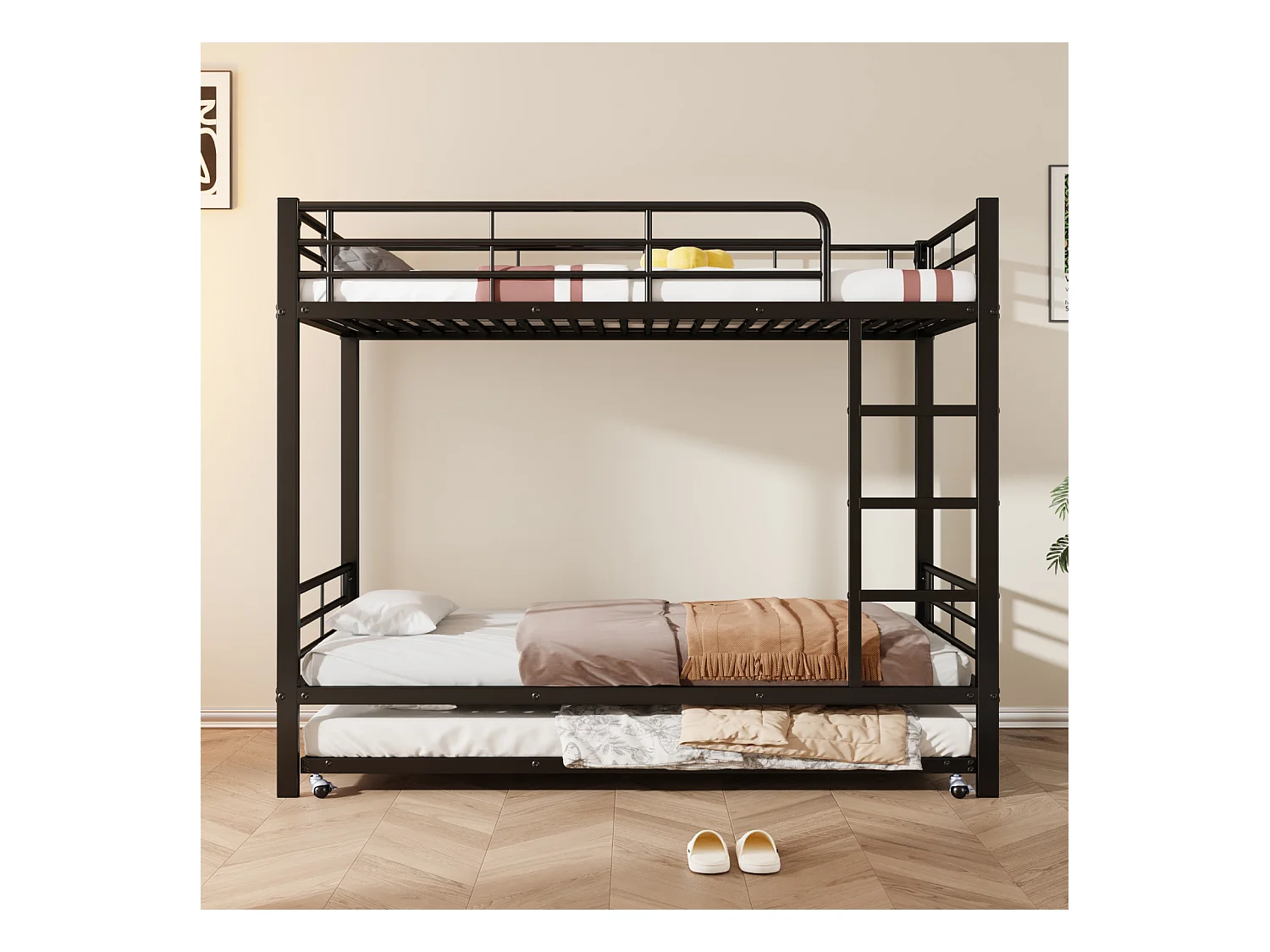 Lit superposé en fer, adapté aux enfants et aux adolescents, avec lit gigogne, quatre barrières latérales sur le lit supérieur, fer, noir, 90x200cm et 90x190cm