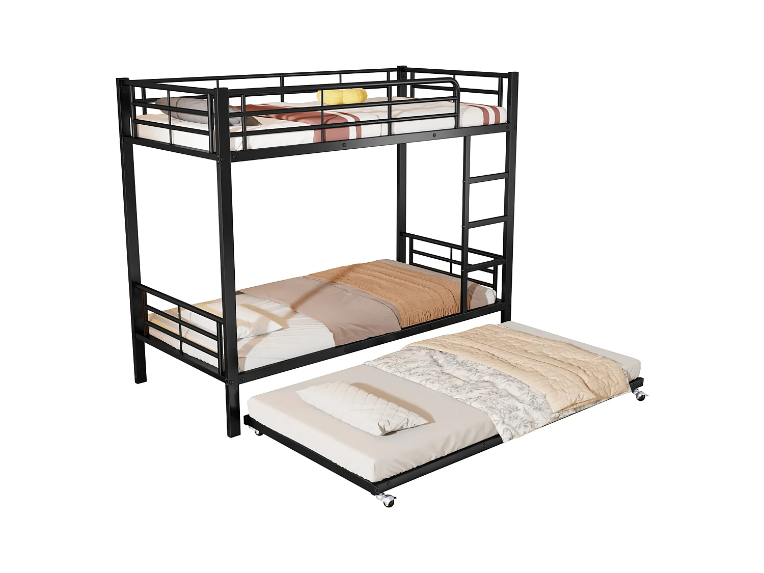 Lit superposé en fer, adapté aux enfants et aux adolescents, avec lit gigogne, quatre barrières latérales sur le lit supérieur, fer, noir, 90x200cm et 90x190cm