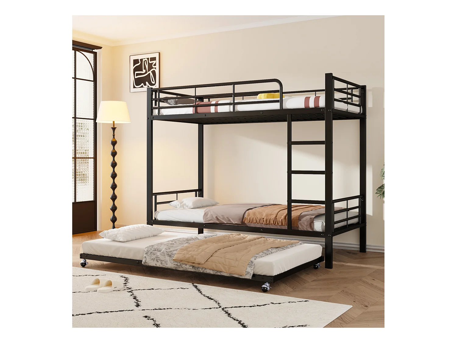 Lit superposé en fer, adapté aux enfants et aux adolescents, avec lit gigogne, quatre barrières latérales sur le lit supérieur, fer, noir, 90x200cm et 90x190cm