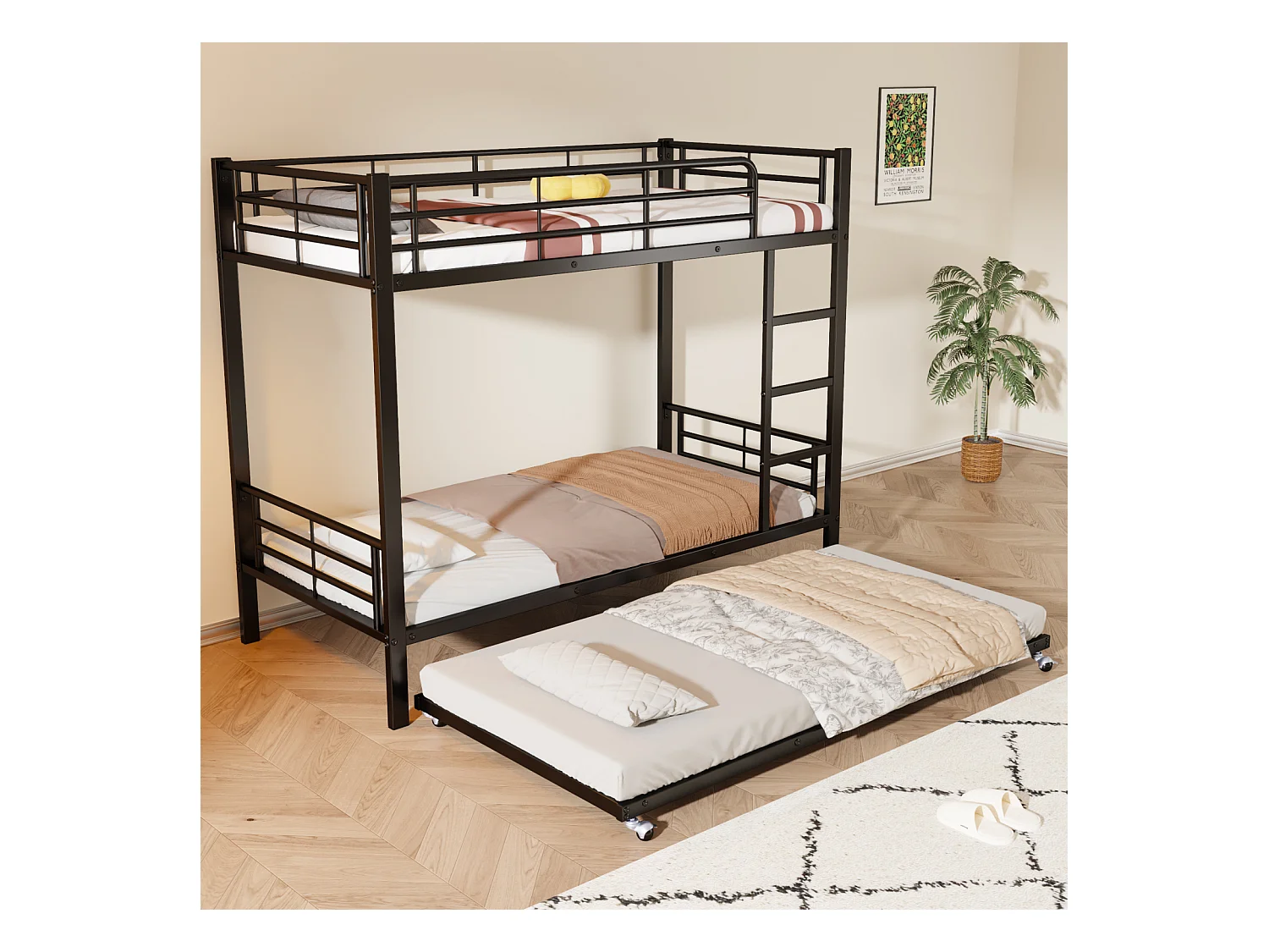 Lit superposé en fer, adapté aux enfants et aux adolescents, avec lit gigogne, quatre barrières latérales sur le lit supérieur, fer, noir, 90x200cm et 90x190cm