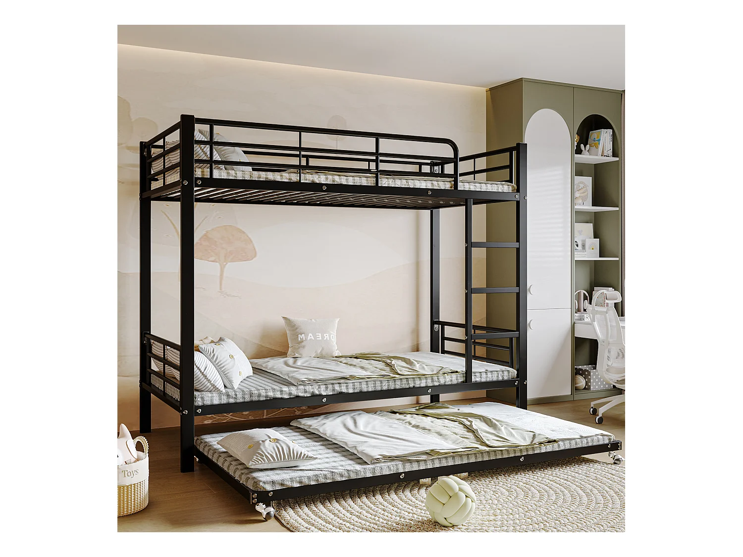 Lit superposé en fer, adapté aux enfants et aux adolescents, avec lit gigogne, quatre barrières latérales sur le lit supérieur, fer, noir, 90x200cm et 90x190cm