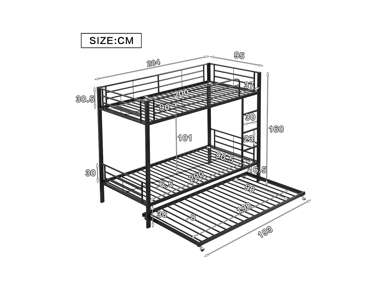 Lit superposé en fer, adapté aux enfants et aux adolescents, avec lit gigogne, quatre barrières latérales sur le lit supérieur, fer, noir, 90x200cm et 90x190cm
