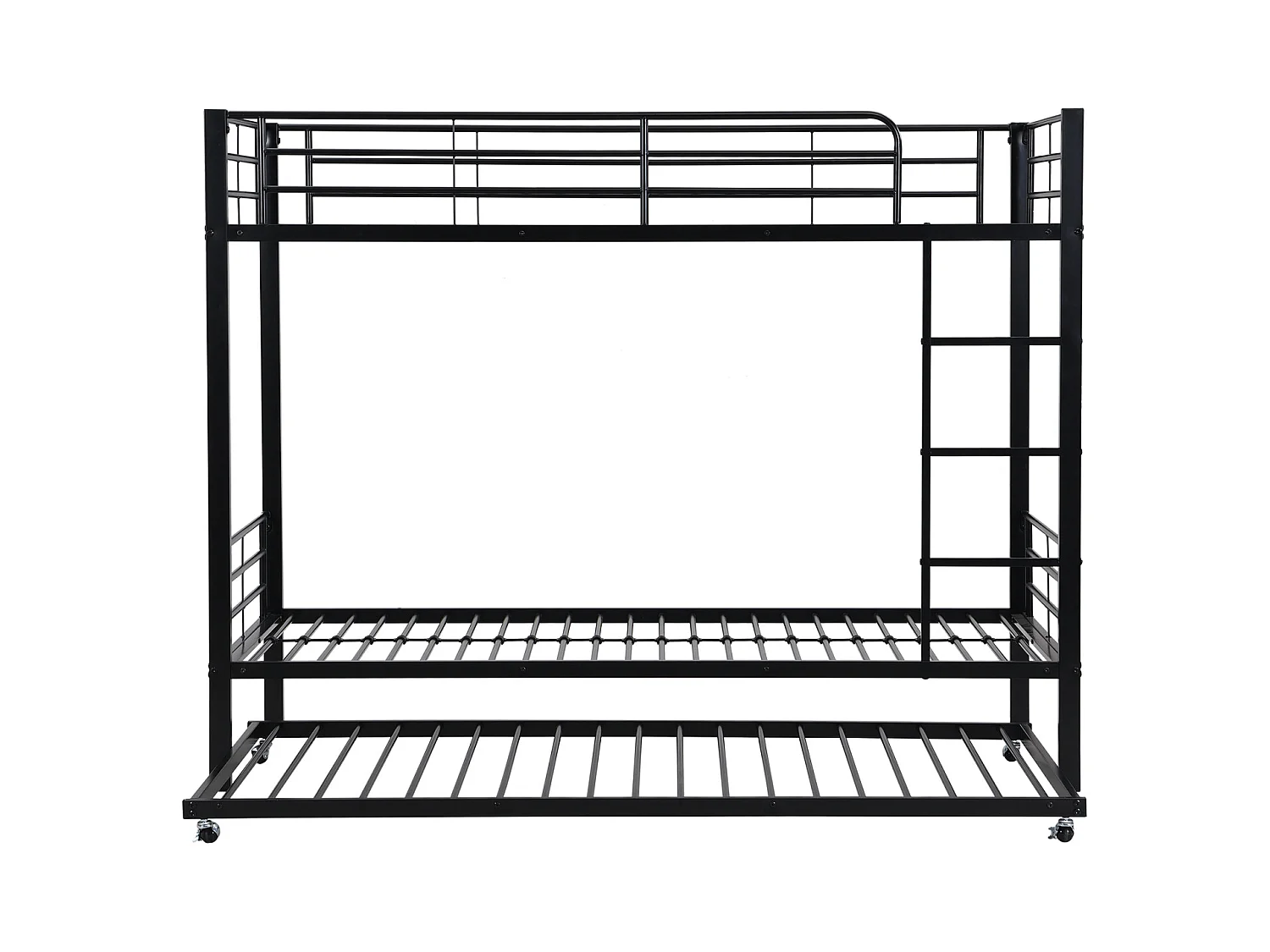 Lit superposé en fer, adapté aux enfants et aux adolescents, avec lit gigogne, quatre barrières latérales sur le lit supérieur, fer, noir, 90x200cm et 90x190cm