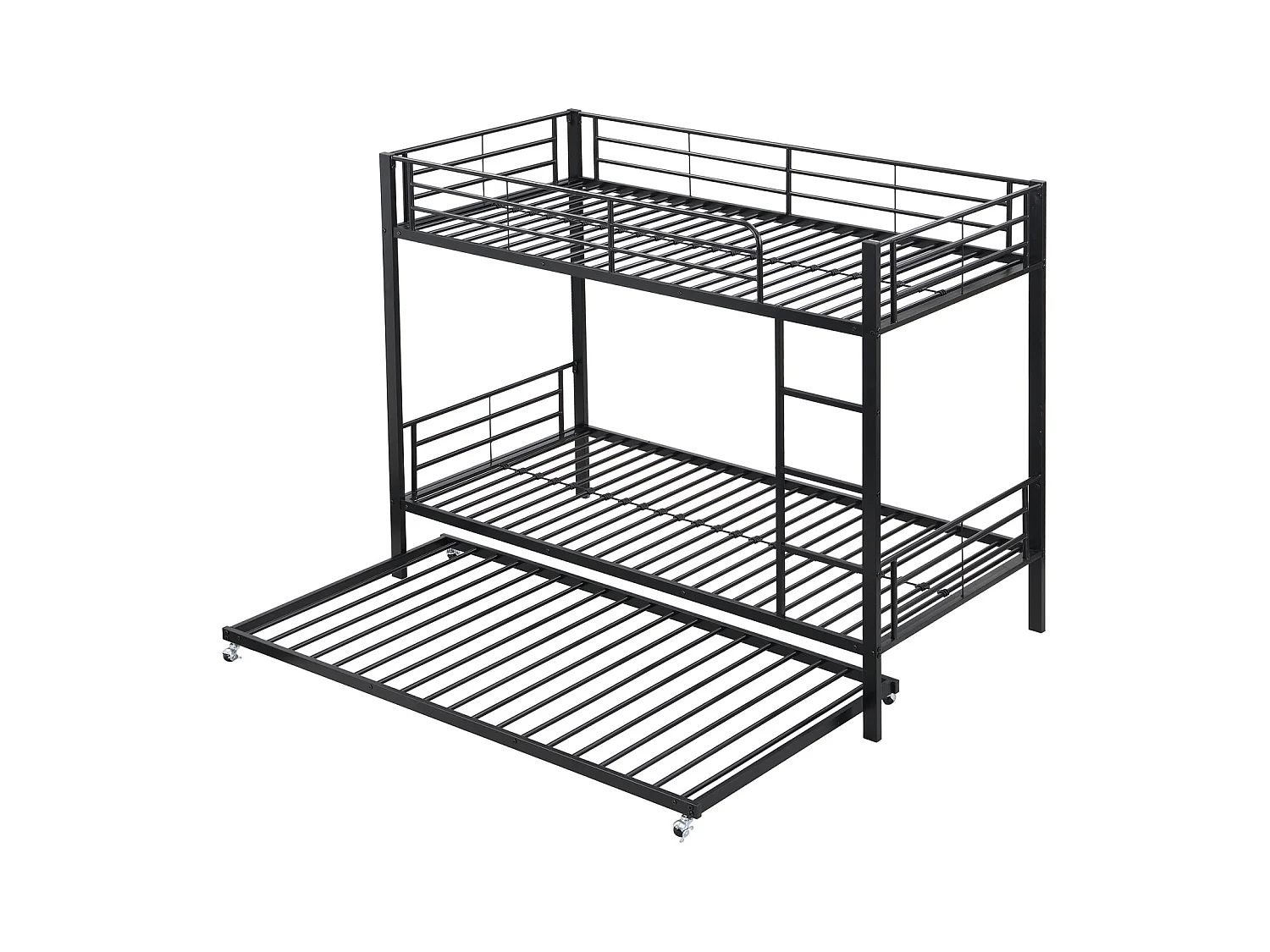 Lit superposé en fer, adapté aux enfants et aux adolescents, avec lit gigogne, quatre barrières latérales sur le lit supérieur, fer, noir, 90x200cm et 90x190cm