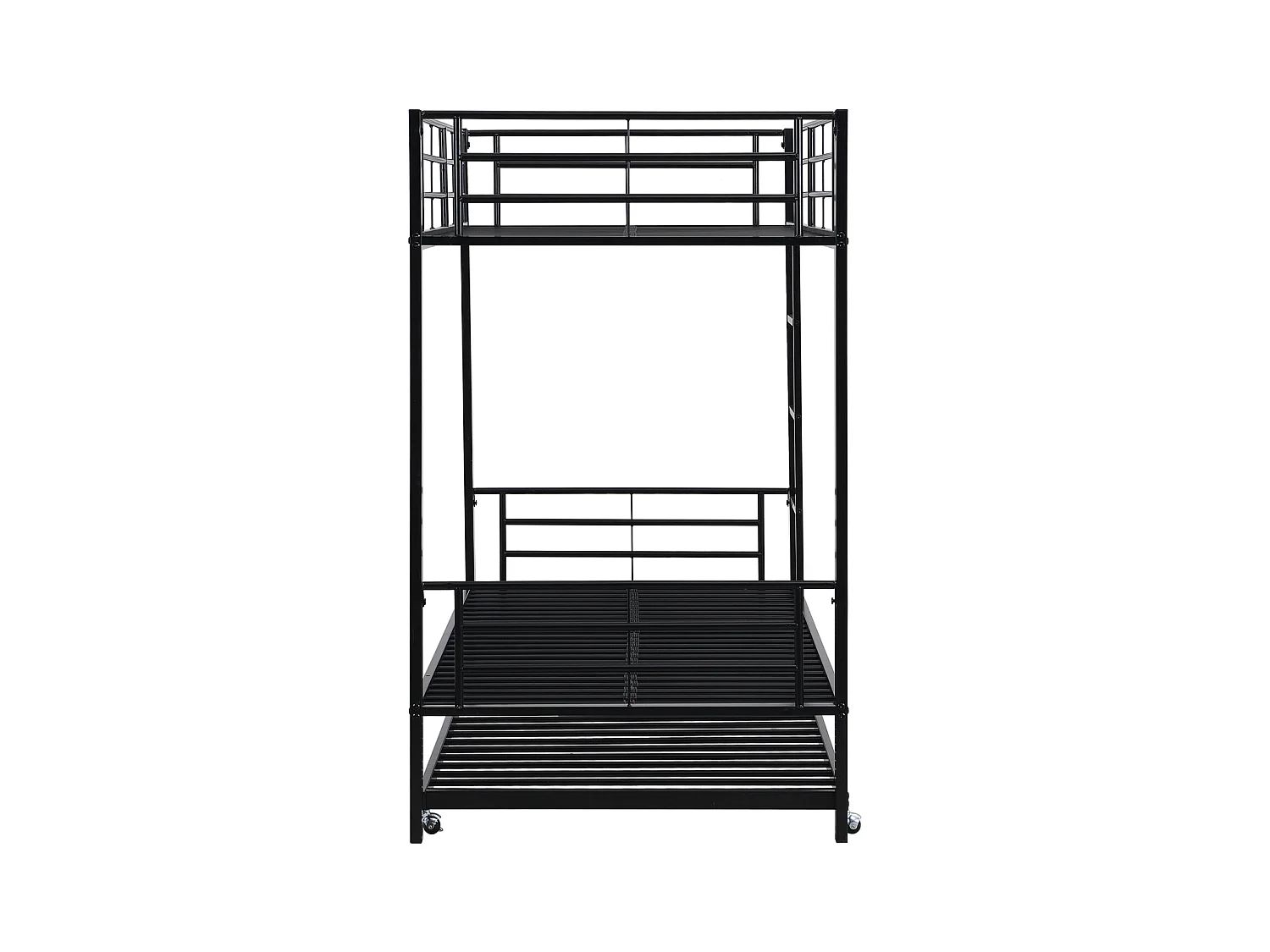 Lit superposé en fer, adapté aux enfants et aux adolescents, avec lit gigogne, quatre barrières latérales sur le lit supérieur, fer, noir, 90x200cm et 90x190cm