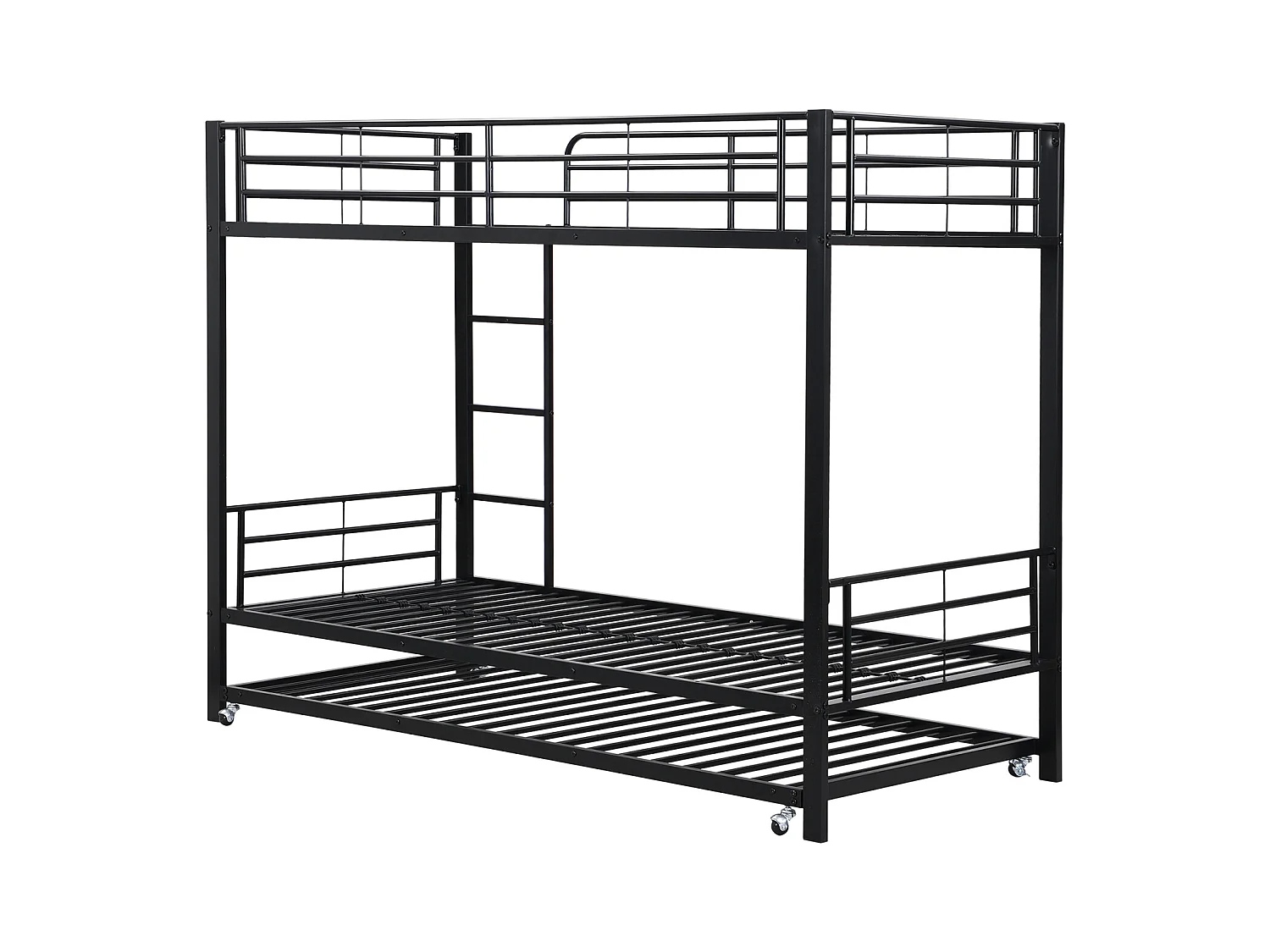 Lit superposé en fer, adapté aux enfants et aux adolescents, avec lit gigogne, quatre barrières latérales sur le lit supérieur, fer, noir, 90x200cm et 90x190cm