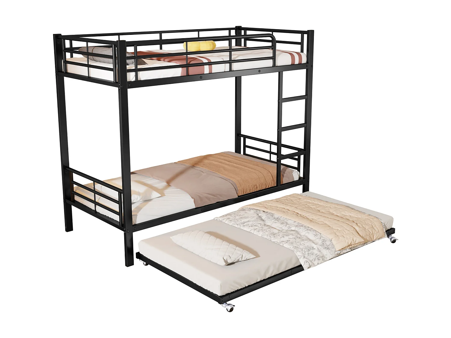 Lit superposé en fer, adapté aux enfants et aux adolescents, avec lit gigogne, quatre barrières latérales sur le lit supérieur, fer, noir, 90x200cm et 90x190cm